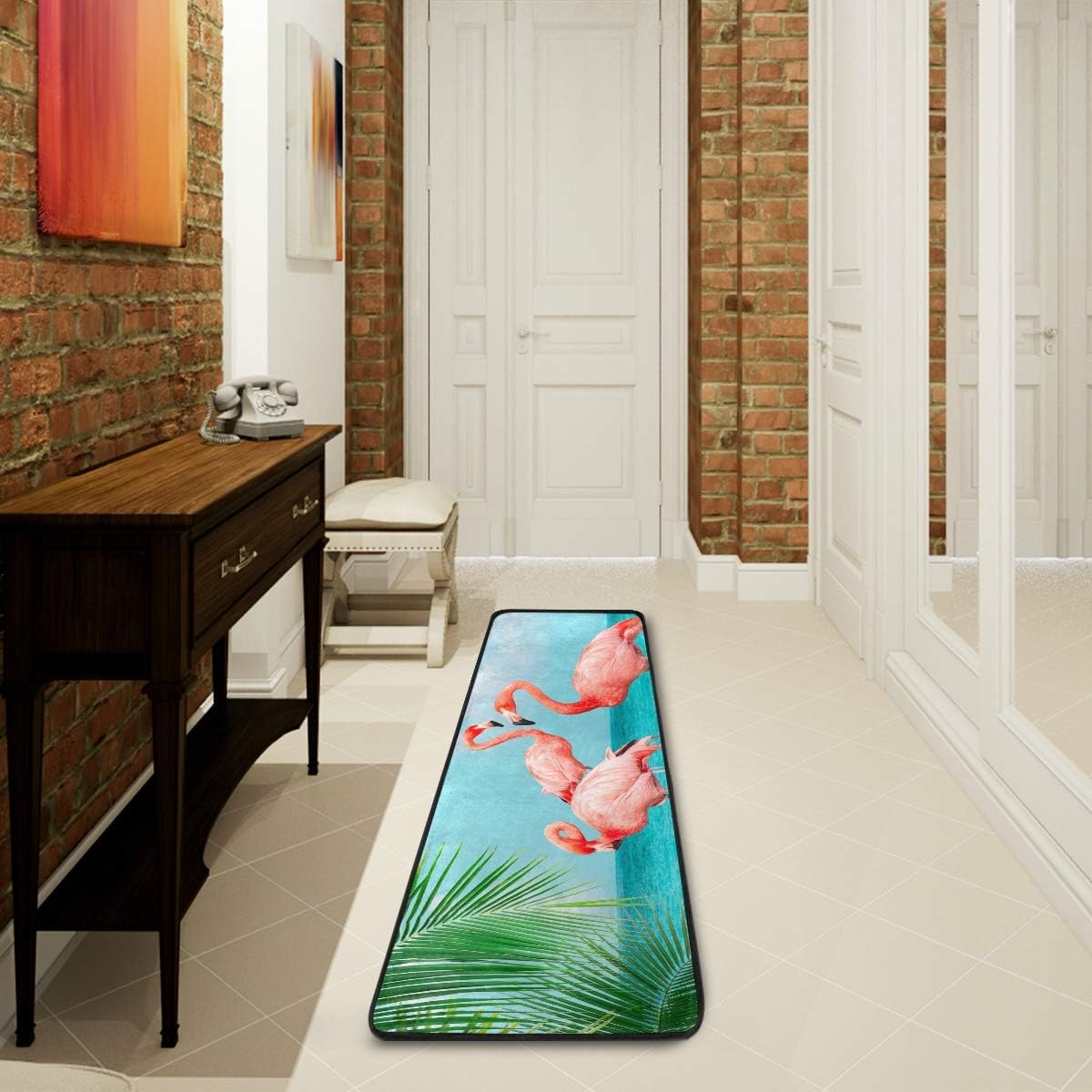 Retro Flamingos Standing Blue Sea Runner Rug Floor Mat Non-Skid Kitchen Rug Soft Area Rug for Bathroom Entryway Hallway Dining Living Room