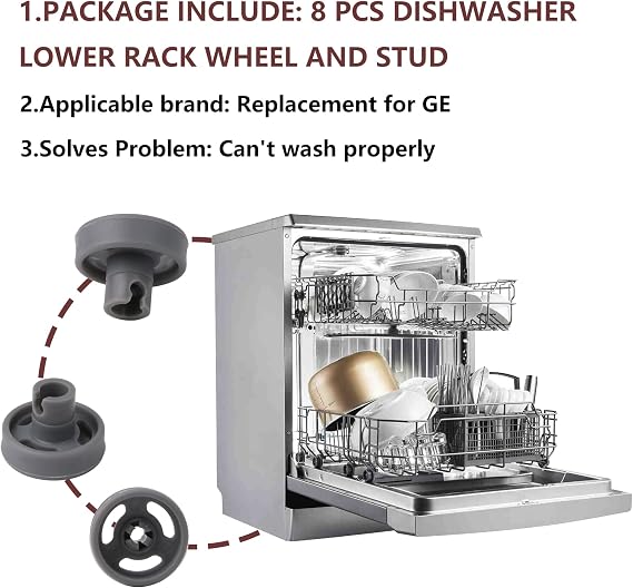 WD12X10231 Dishwasher Lower Rack Wheel And Stud Replacement for GE,Replaces 1263942 AP3994981 PS1481883 Pack of 8