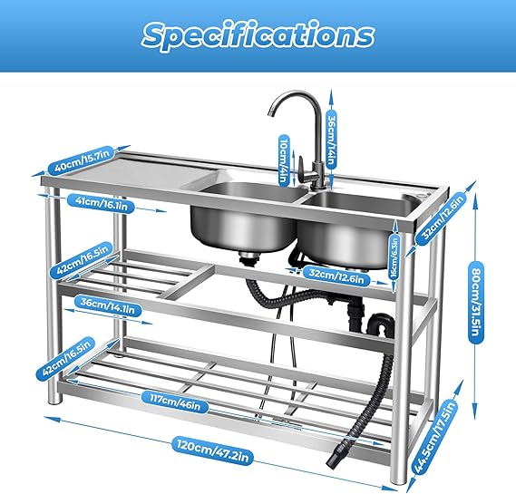 Double Bowl Sink Stainless-Steel Commercial Restaurant Kitchen Sink Set, 2 Compartment Utility Washing Hand Basin w/Faucet & Drainboard Freestanding Utility Sink with Workbench & Storage Shelves