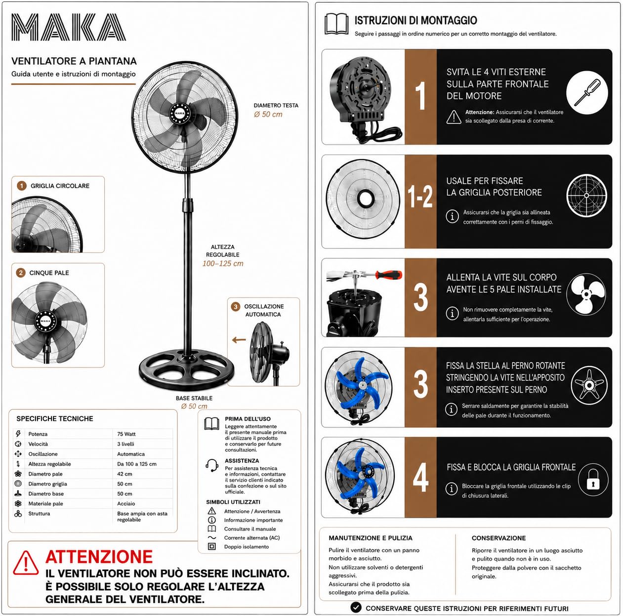MAKA Ventilatore a Piantana Potente, Ventilatore Metallo 5 Pale, 75W, Basso Consumo, Oscillazione Orizzontale, Ventilatore da Terra Industriale Diametro 50cm, Regolabile Altezza Max 130 cm 3 Velocità