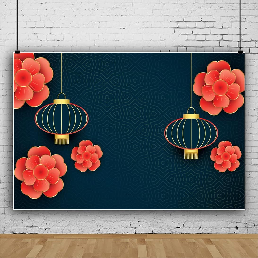 Laeacco 7x5ft Chinese Style China Spring Festival Photography Backdrop Golden Blue Lantern Classic Red Flowers Chinese New Year 2026 Backdrop Children Adults Family Photo Studio New Year Eve Photo