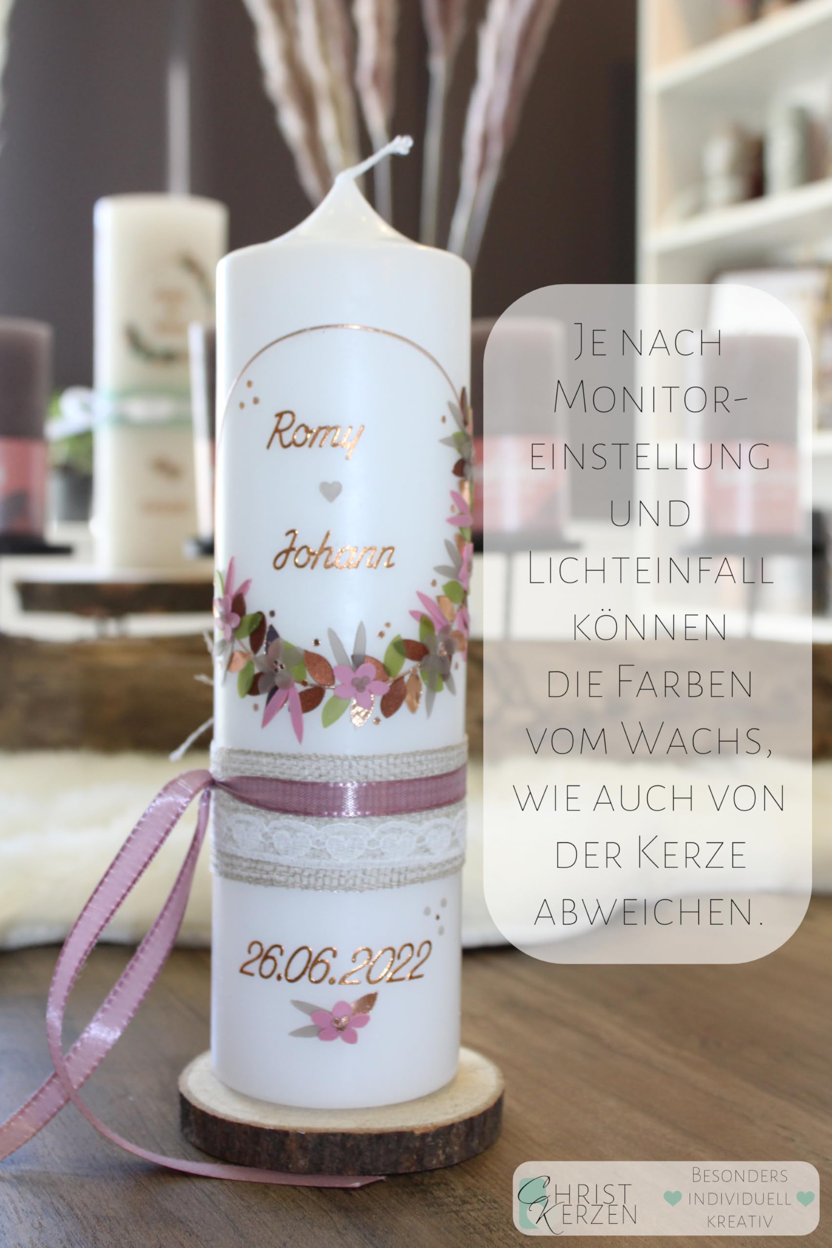 Taufkerze SAMUEL Junge oder Mädchen mit Name und Datum, individuell und handverziert 2838