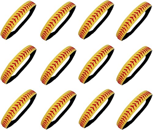 Kenz Laurenz Diademas de softbol al por mayor – Cuero amarillo con costuras rojas (disponible en un montón de cantidades) Fastpitch Stretch Stretch