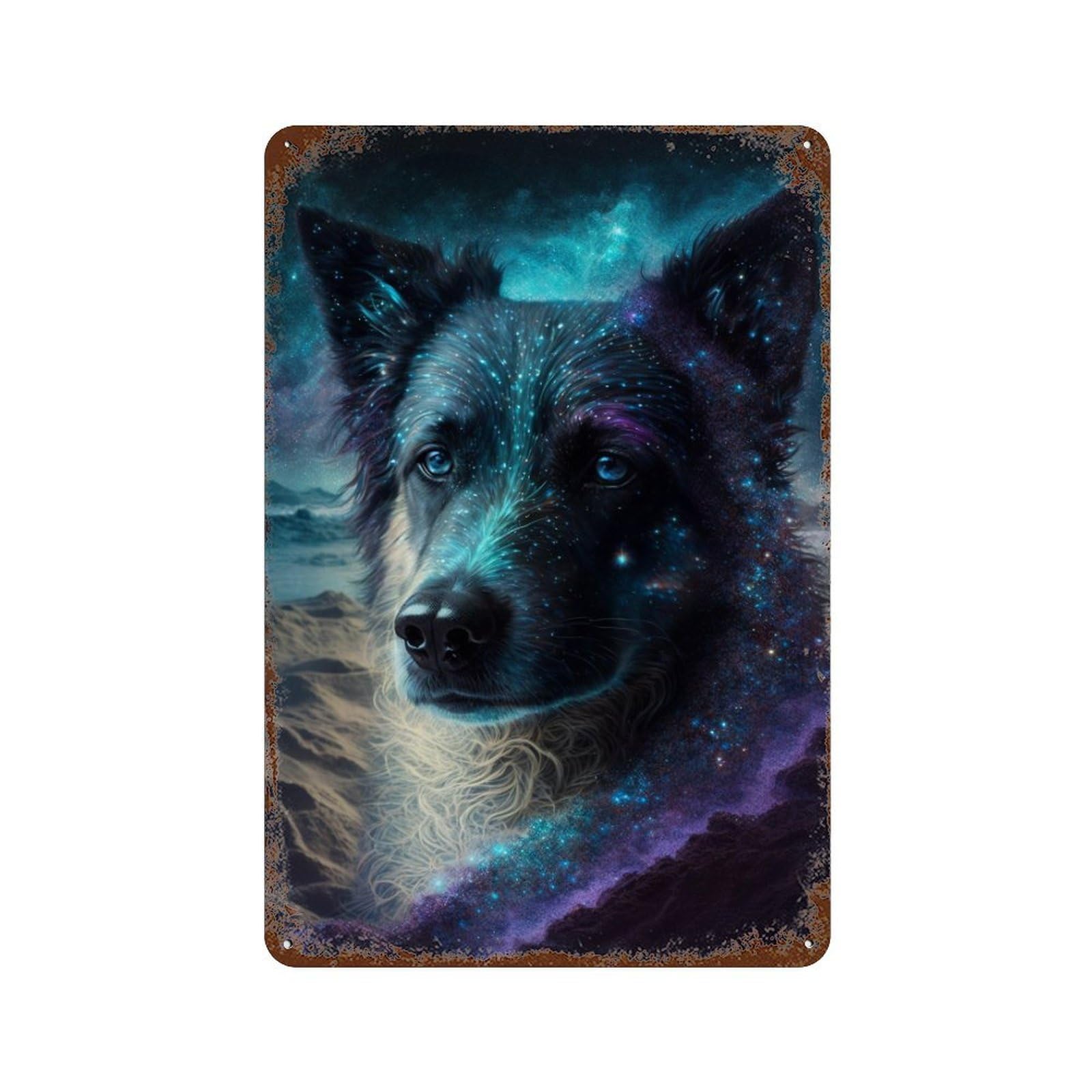 Garage Style Galactic Wolf Portrait -34 Rustic Tin Plaque 11.8"x7.9", Vintage Wall Decor for Bar And Workshop