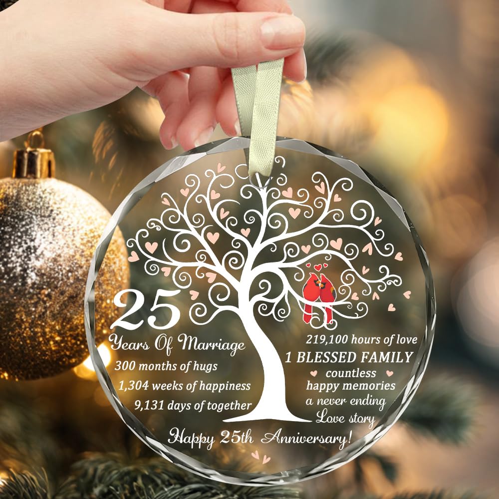 25th Wedding Anniversary Ornament - Gift for 25th Anniversary - Silver Anniversary - 25 Years of Marrige Gift Idea for Couple - Happy 15th Anniversary Glass Ornaments - Gifts for Wife, Husband