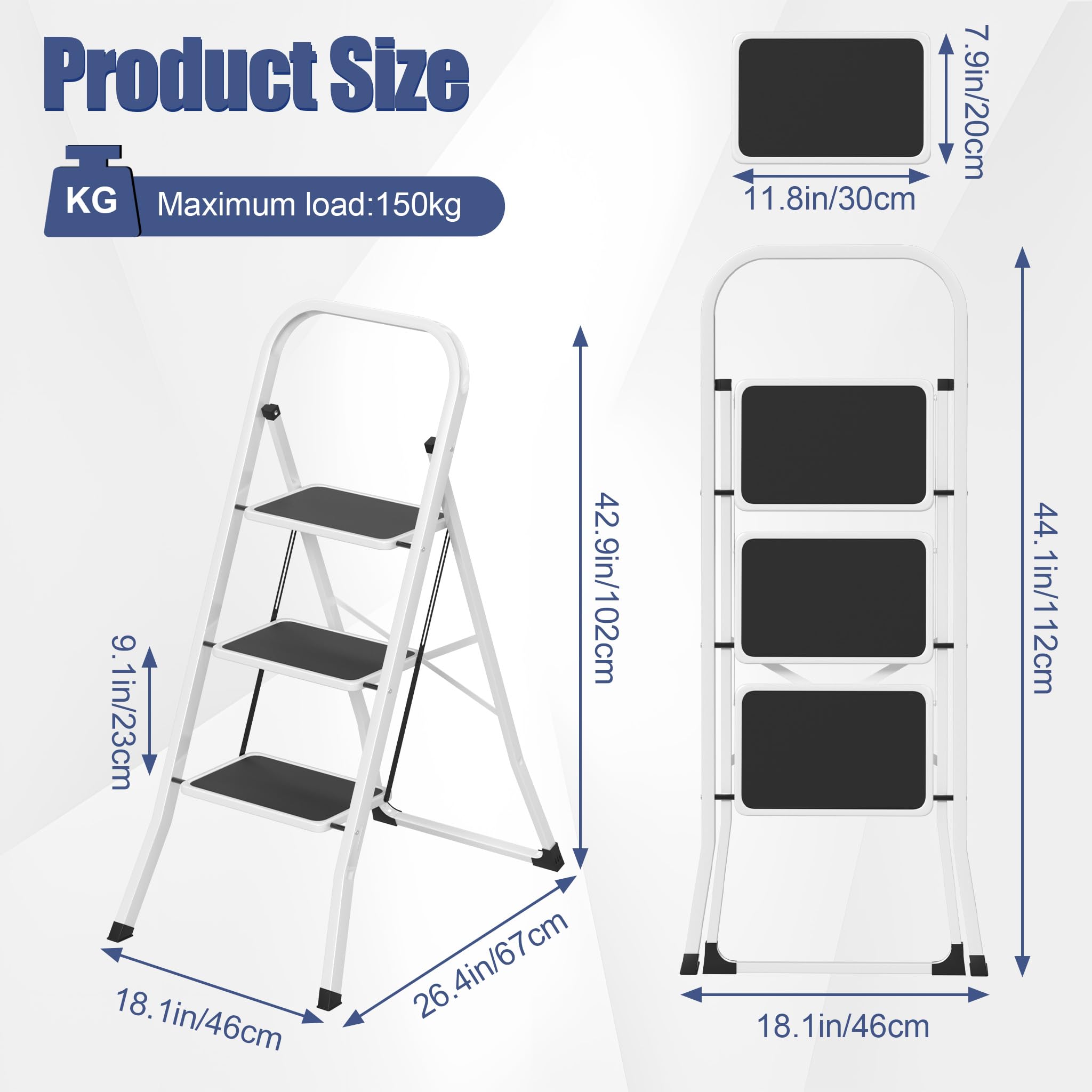 LARS360 Scala pieghevole a 3 livelli, in acciaio con gradini antiscivolo, portata 150 kg, pieghevole, per casa, cucina, ufficio, salvaspazio, solo 5 cm (nero + bianco)