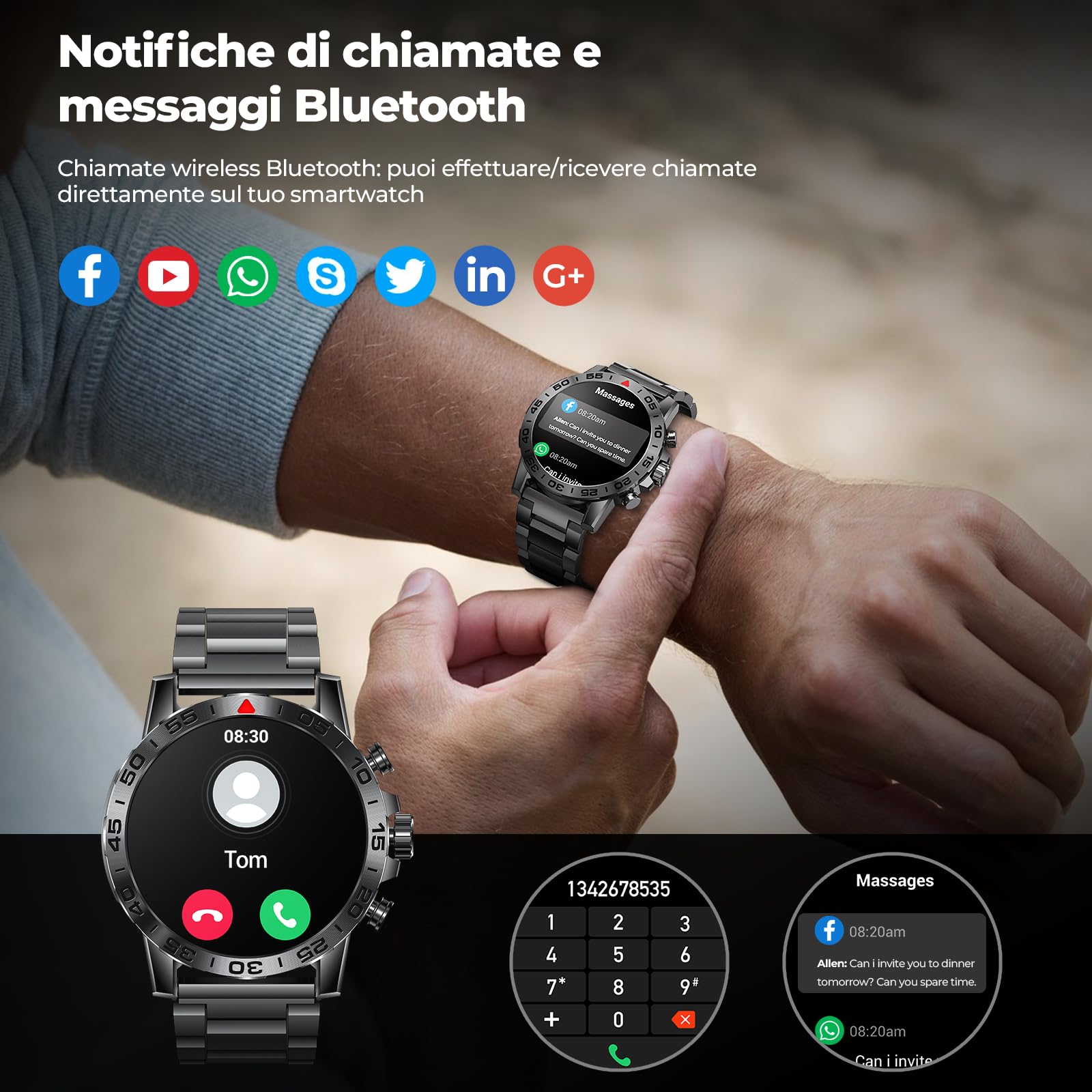 TIFOZEN Smartwatch Uomo, 1,39" Militare Orologio con Effettua/Risposta Chiamate, 110+ Sportive Rilevatore attività, Cardiaca/SpO2/Sonno Monitor, IP68 Impermeabil Fitness Watch per iOS Android
