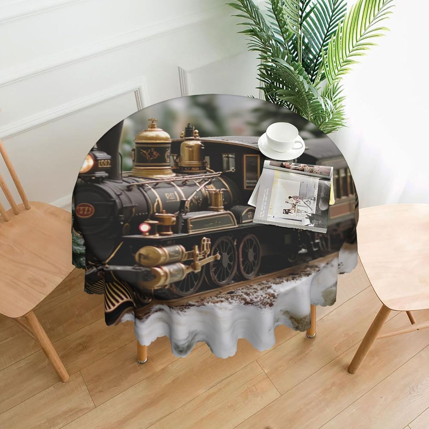 Steam Locomotive Train - 60 Inch Round Tablecloth, for Outdoor Picnic, Spill Proof and Washable Tablecloth, Kitchen and Holiday Dinner