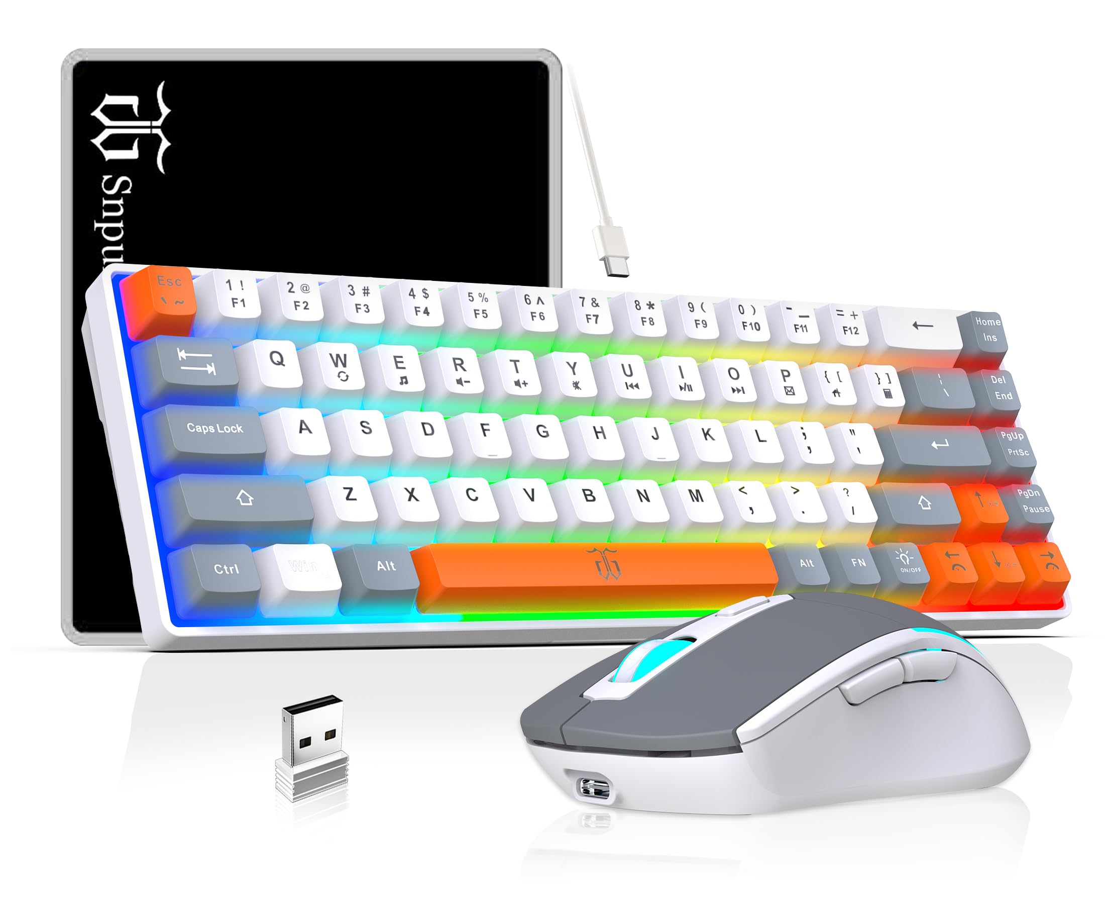 Snpurdiri 60% Wireless Gaming Keyboard and Mouse Combo,Rainbow Backlit Rechargeable 2000mAh Battery,Mini Mechanical Feel Keyboard +Popular RGB Mice