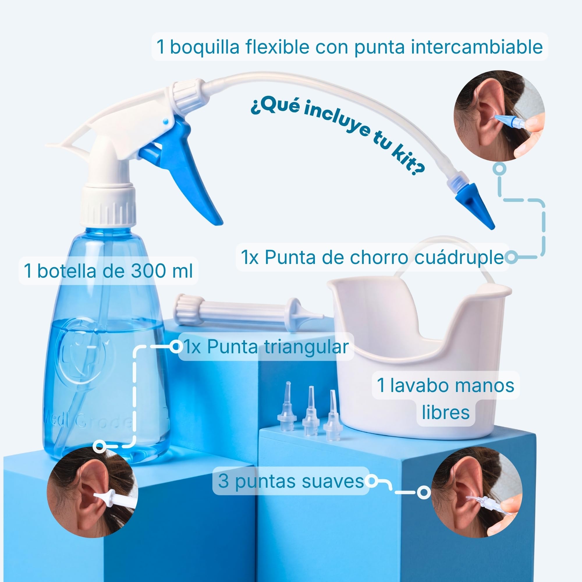 Medi Grade Kit de Eliminación de cera con Botella de 300 ml - Limpiador de Oídos con 2 Boquillas de Pulverización - Kit de Limpieza de Oídos Hogar, Juego de Riego con 5 Puntas y Lavabo Manos Libres