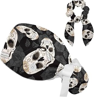 2 Pieces Surgical Cap for Long Hair Scrub Cap with Hairband Nurse Cap, Flower and Leaf Funny Skull Pattern