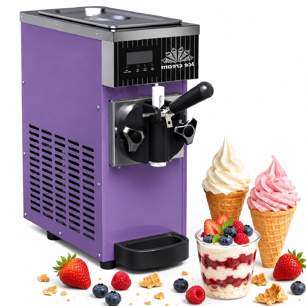 Sushangmao Soft Serve Maker Machine, Commercial Ice Cream Maker, 450W Countertop Ice Cream Machine with 2.5L Hopper, LCD Control, Auto Clean for Restaurants & Dessert Shops purple