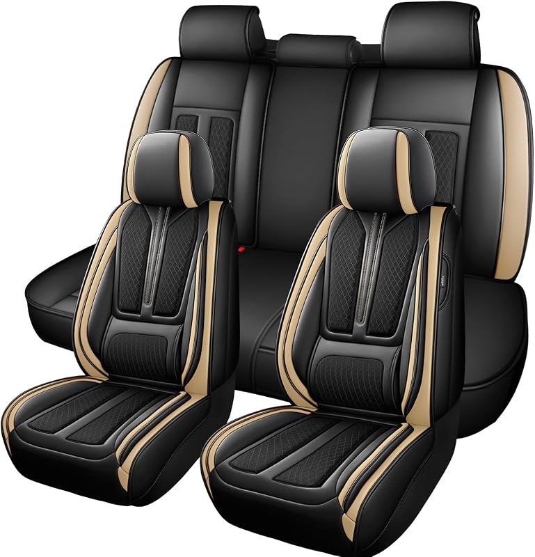 Kit de Capas para Bancos Automotivos em Couro Sintético Nappa Preto e Bege, Dianteiros e Traseiros, Modelo C10, 5 Peças