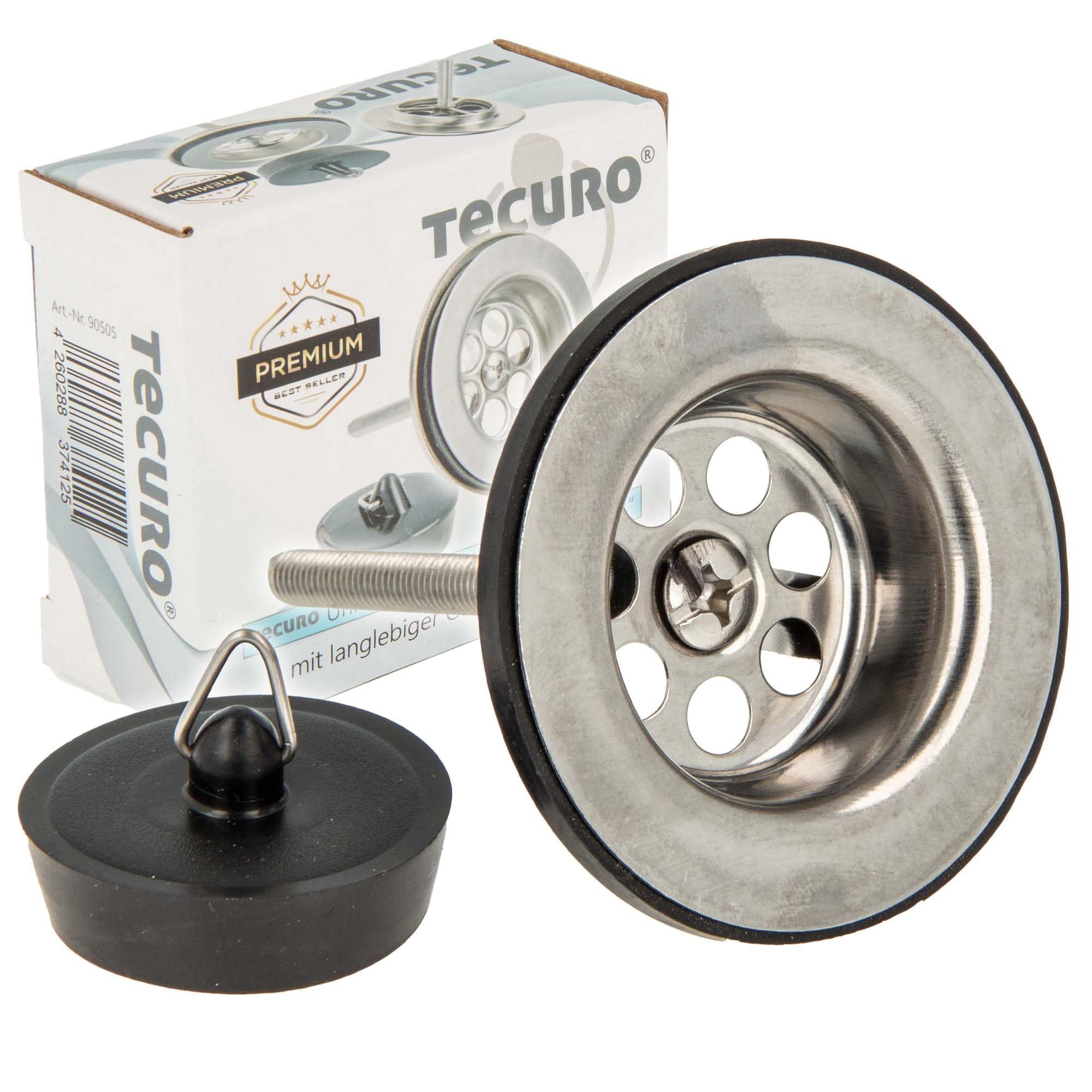 tecuro Ablaufventil poliert 1 1/4 Zoll Anschluss für Waschbecken, Ø 60 mm mit Edelstahl-Siebplatte und verchromtem Messingunterteil