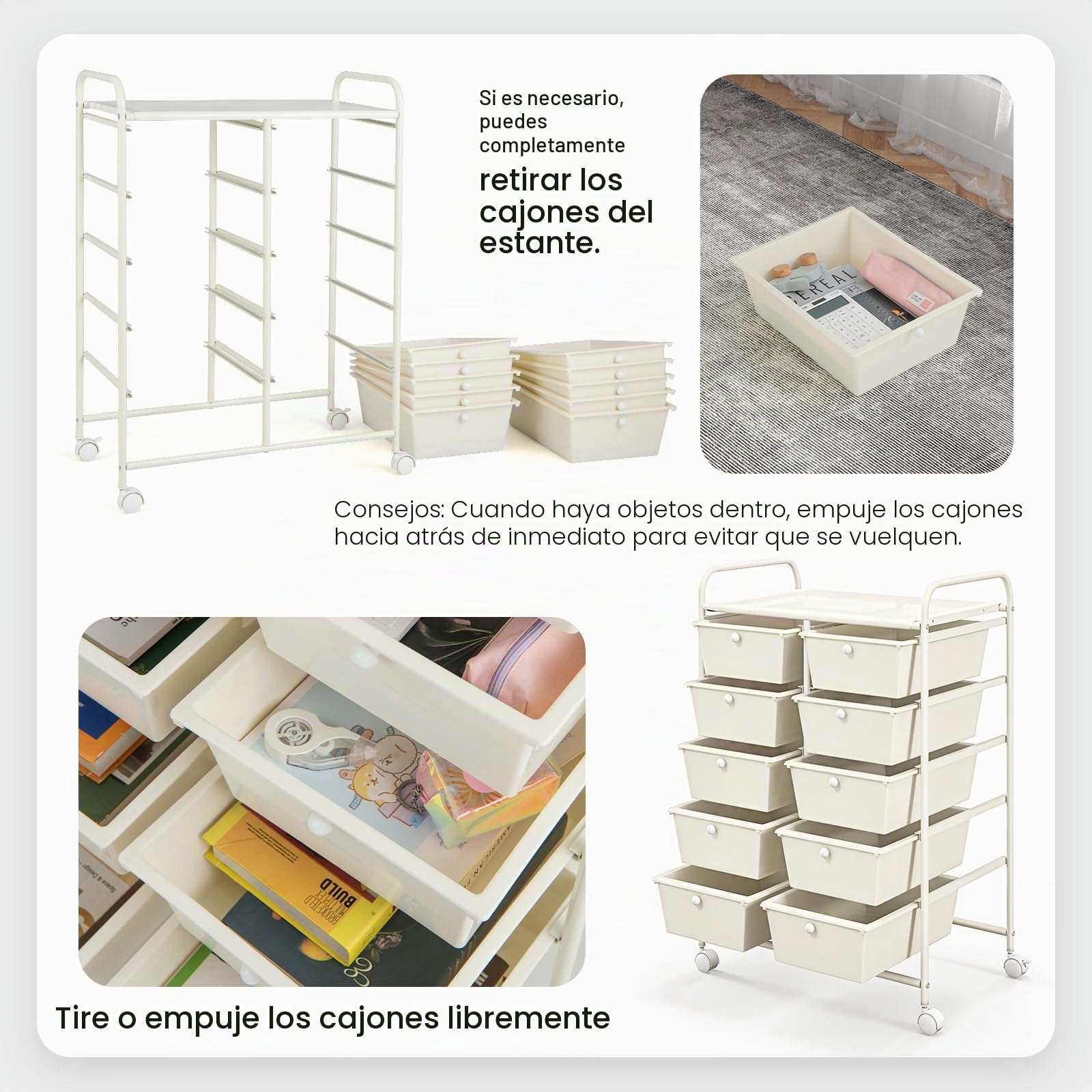 GIANTEX Carro de Almacenamiento con 10 Cajones Plásticos, Cajonera con 4 Ruedas 360°, 2 Bloqueables, 65,5 x 37 x 87 cm, Carrito Auxiliar para Salón, Dormitorio, Cocina, Baño (Blanco)