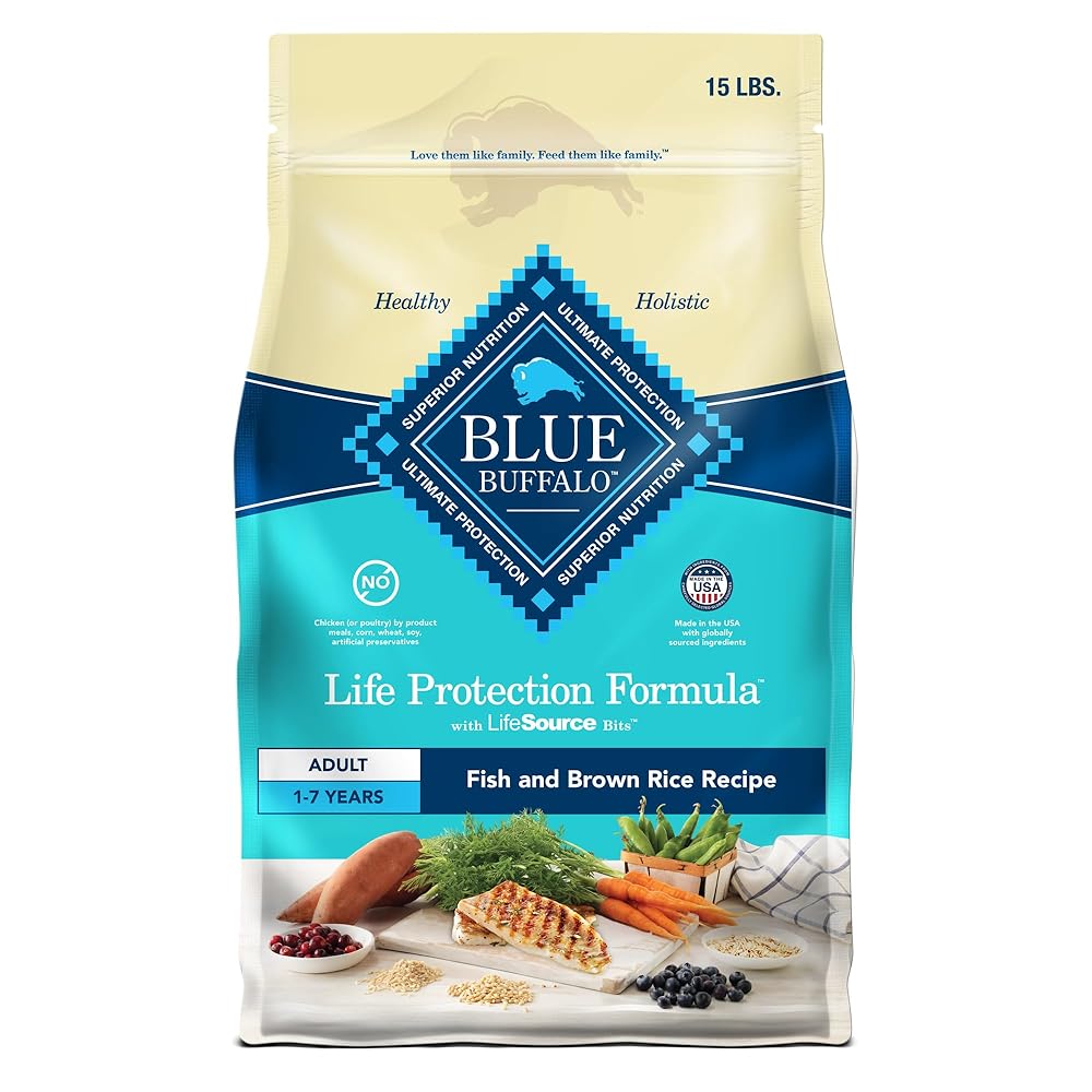 Blue Buffalo Life Protection Formula Adult Dry Dog Food, Helps Build and Maintain Strong Muscles, Made with Natural Ingredients, Fish & Brown Rice Recipe, 15-lb Bag