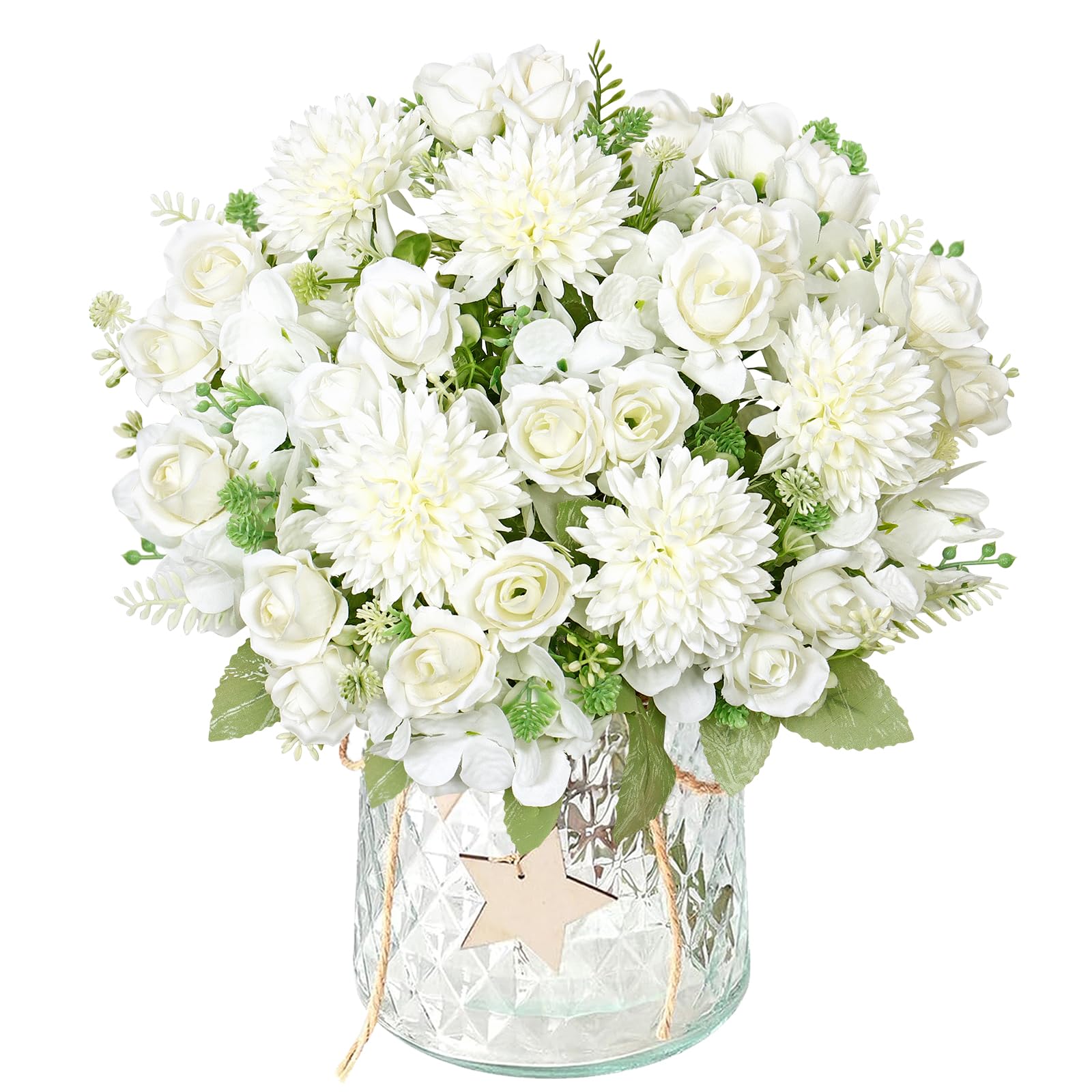 DEMIUKO 2 Bunches Artificial Flowers White Hydrangea Fake Roses Flowers Bouquet 12in Faux Silk Flowers Arrangement Indoor Floral Plants for Wedding Party Table Centerpieces Spring Home Vase Decor