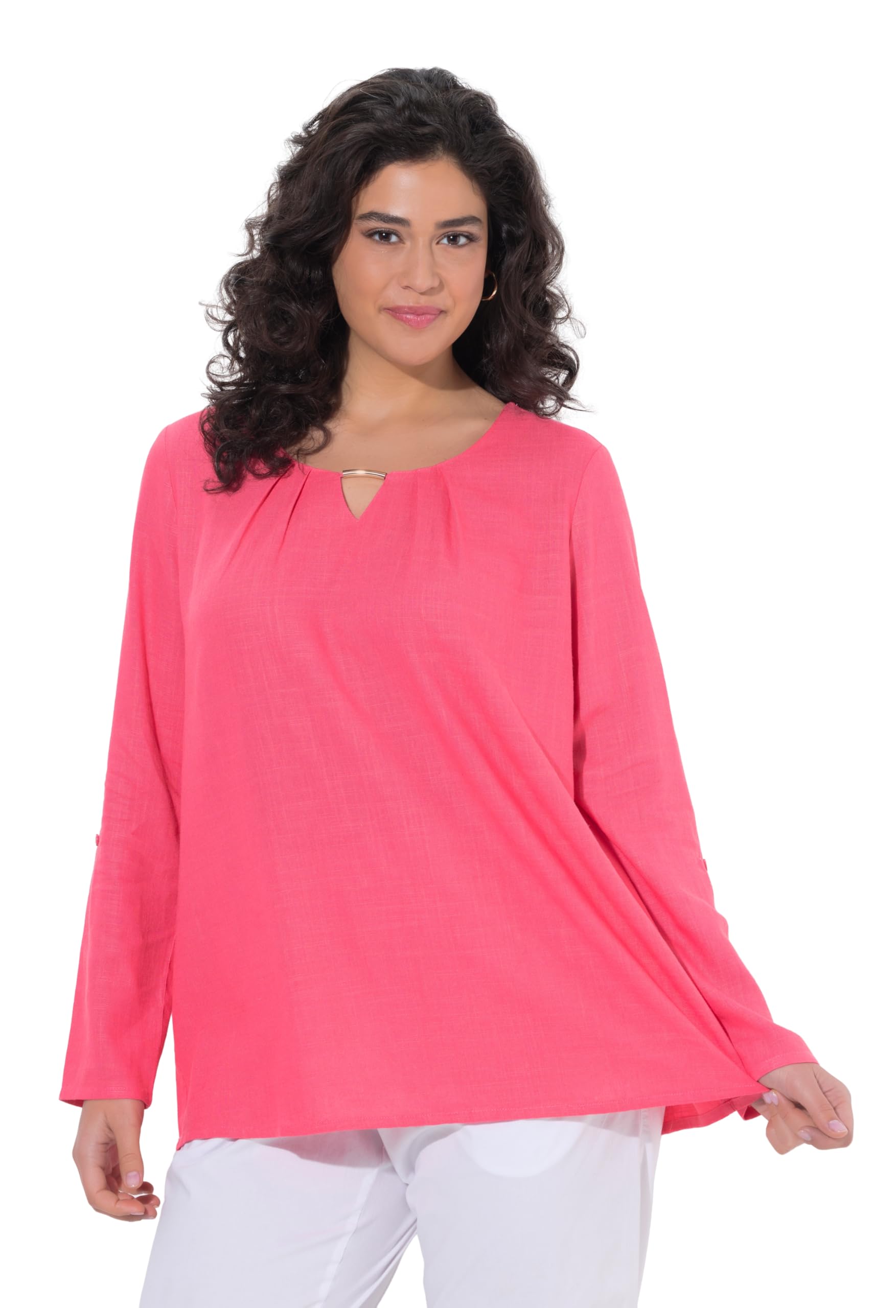 Ulla Popken Damen große Größen Übergrößen Plus Size Bluse, Leinenmix, Zierspange, Rundhals, 3/4-Arm 849542