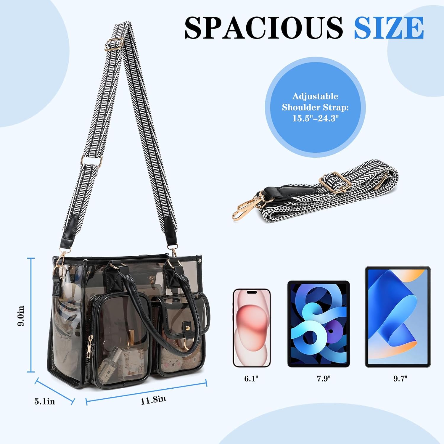 Clear Tote Bag 12x12x6 Thick PVC clear bags for Stadium Events Transparent Bag for Sports Events,Concert,Work & Beach