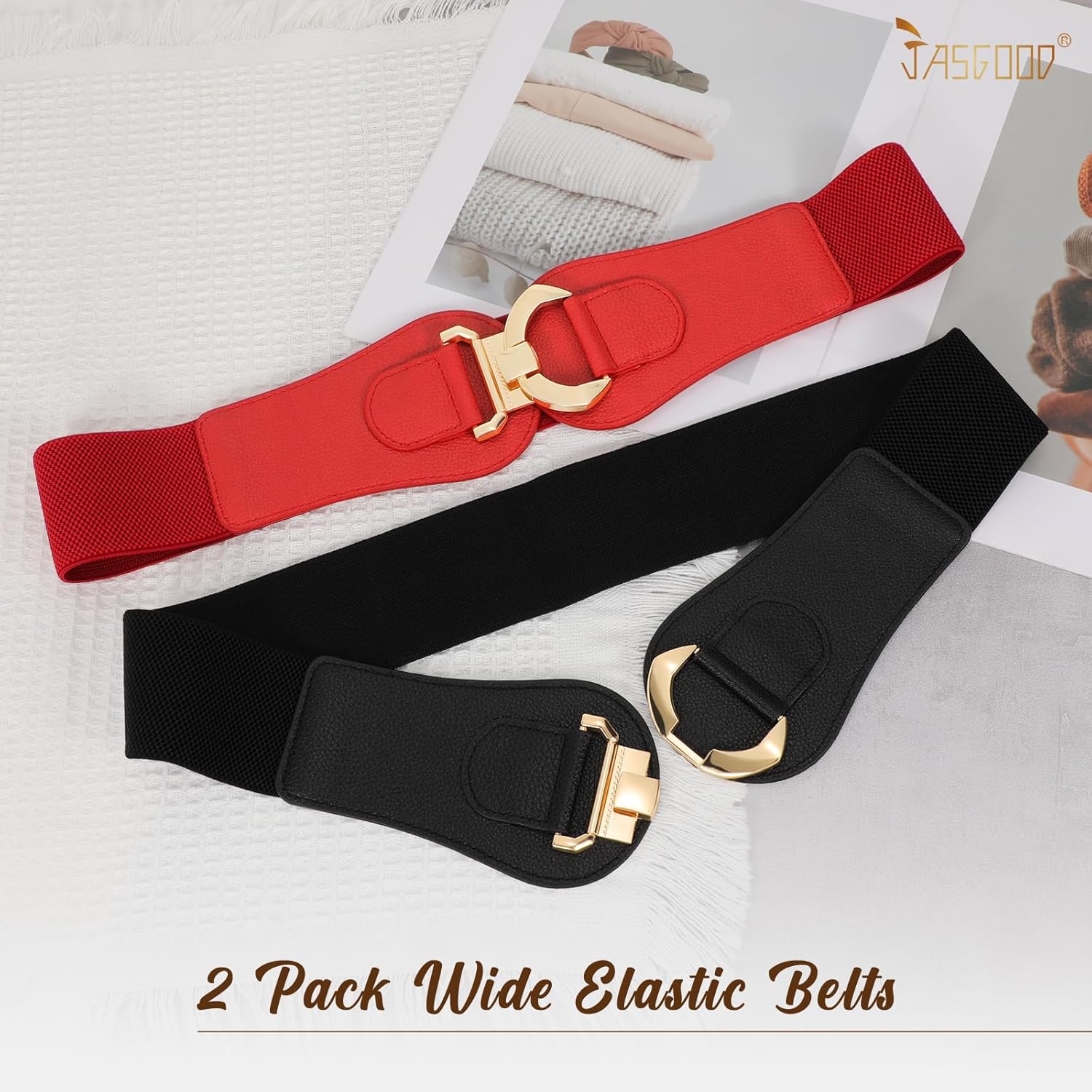 JASGOOD Women's Wide Stretchy Waist Belts for Dresses Vintage Elastic Waistband with Gold Buckle - Image 6