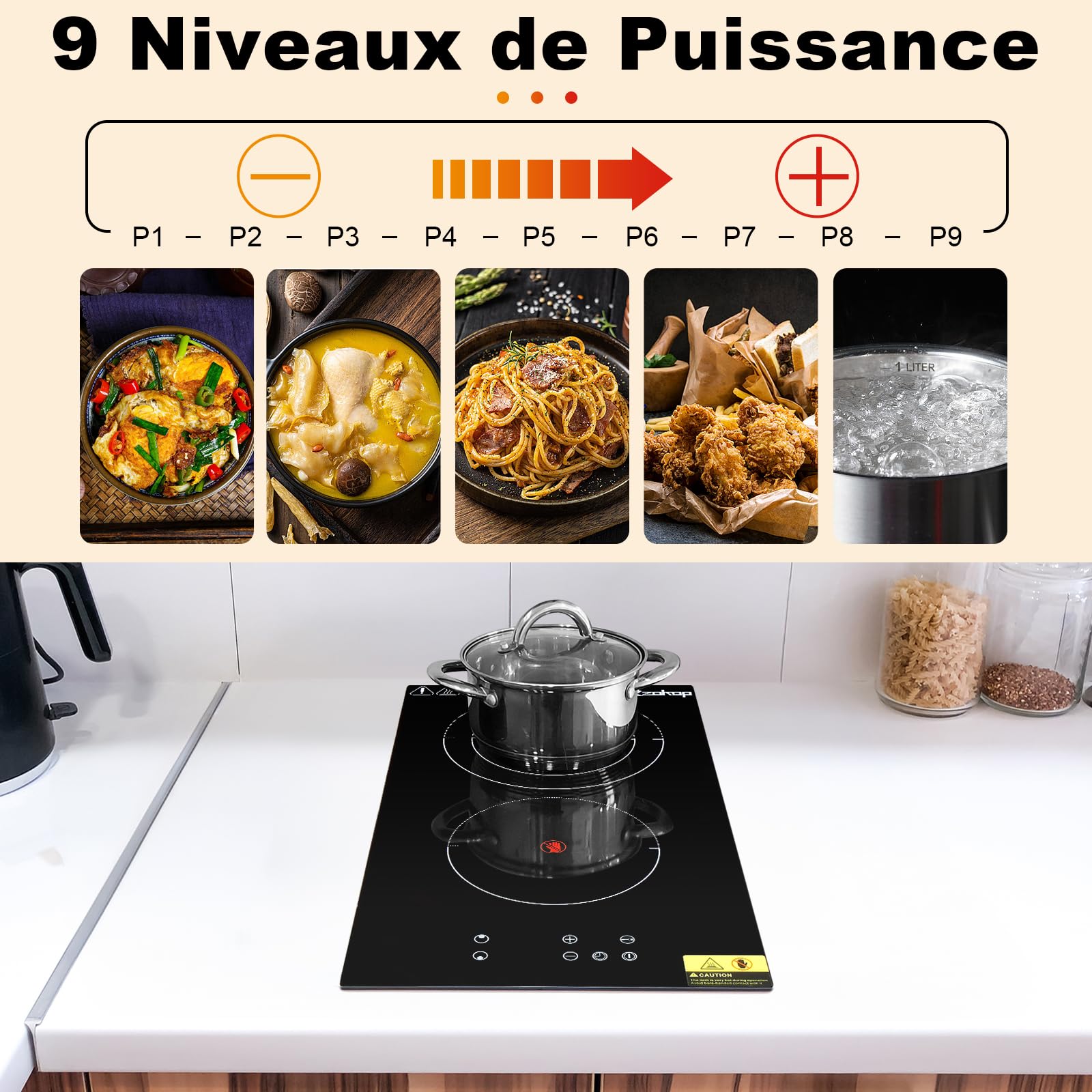 LEADZM Ceramic hob | 2 burners, 3000 W, timer, touch keys, anti-overflow, 9 power levels