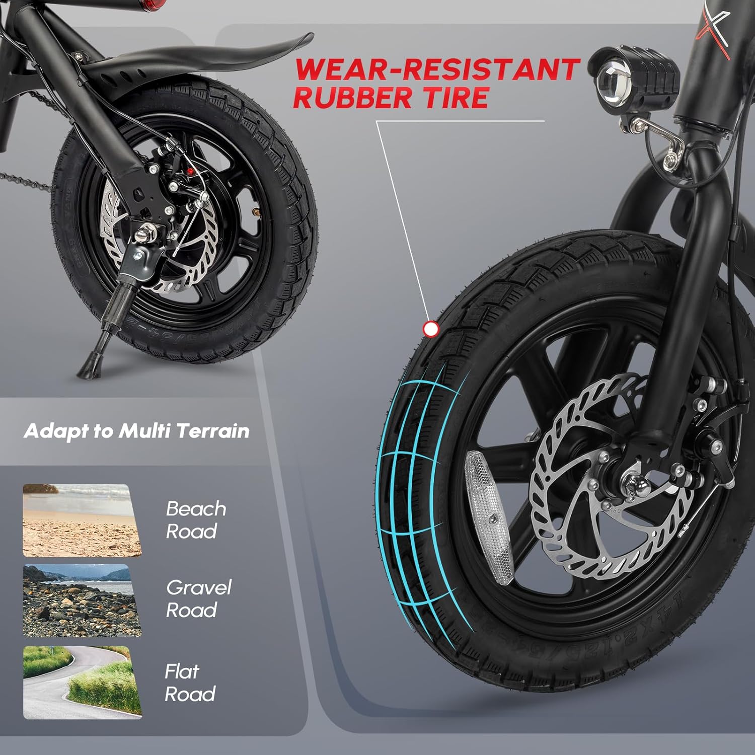 Close-up of the PEXMOR electric bike's wear-resistant rubber tire, with illustrations of different terrains it can adapt to.