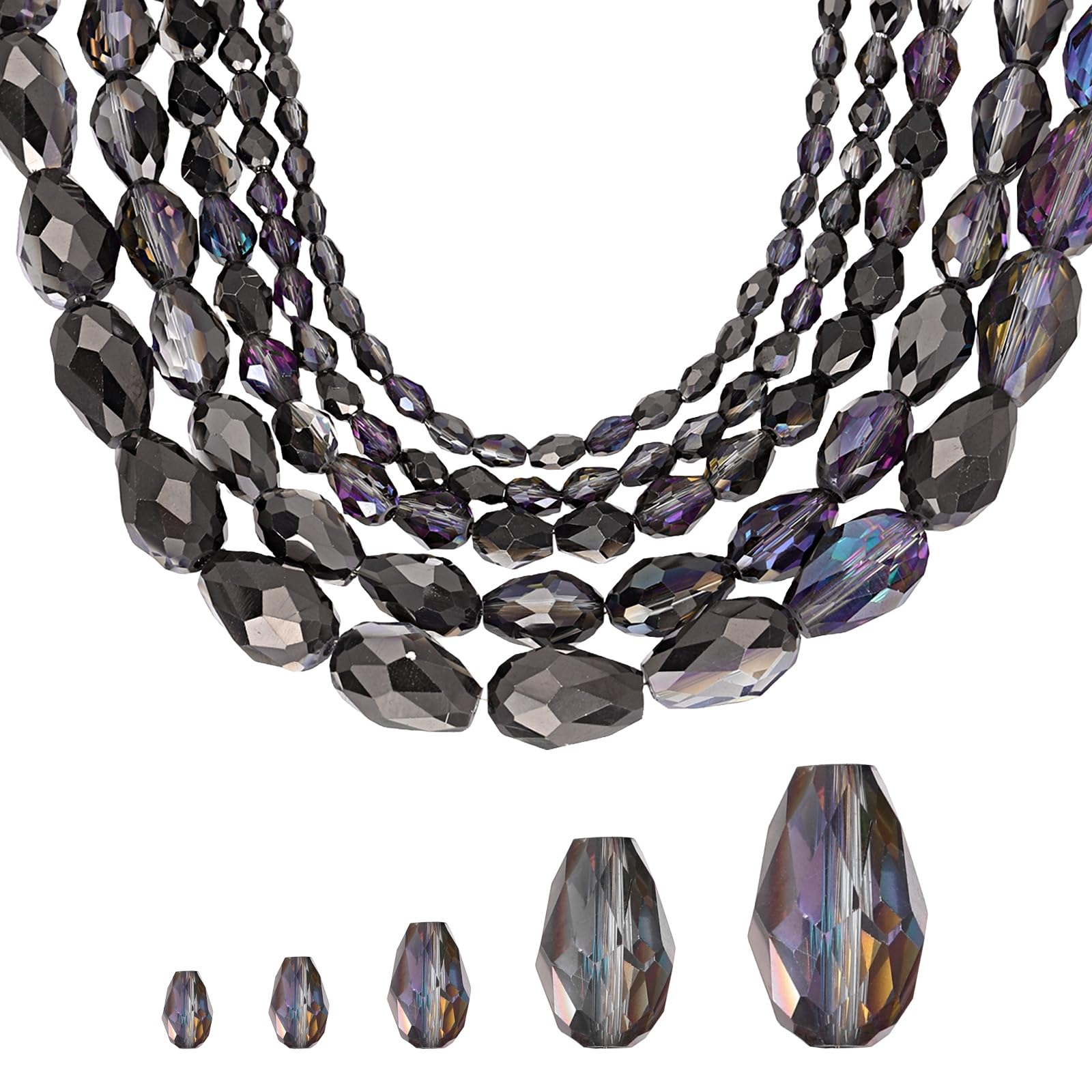 sourcing map 328 PCS Teardrop Crystal Glass Beads, 3x5mm 4x6mm 6x8mm 8x12mm 10x15mm Vertical Hole Faceted Glass Teardrop Spacer Beads for Necklace Bracelet DIY Jewelry Making, Black Purple โ image 1