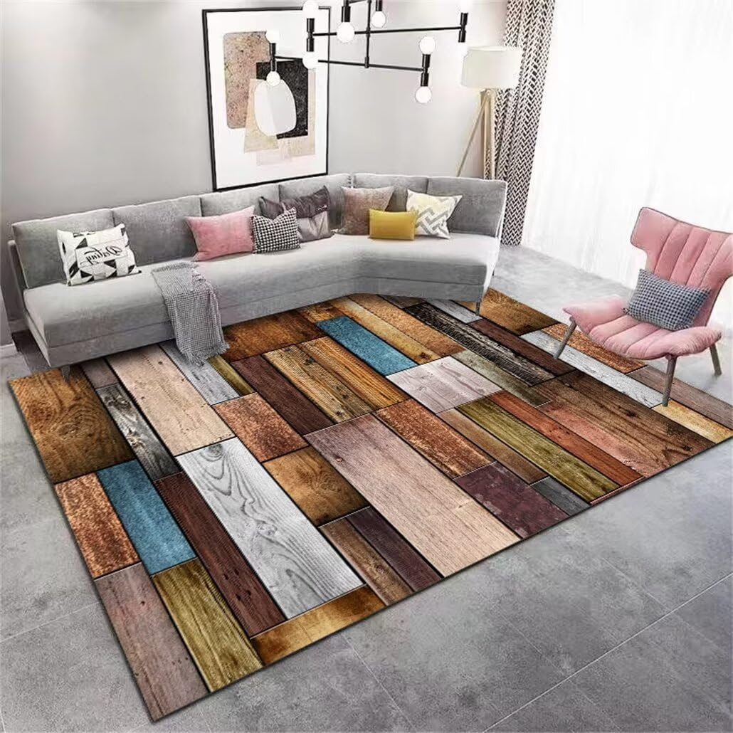 Tapis de chambre adolescent brun 180x230cm style vintage grain de bois