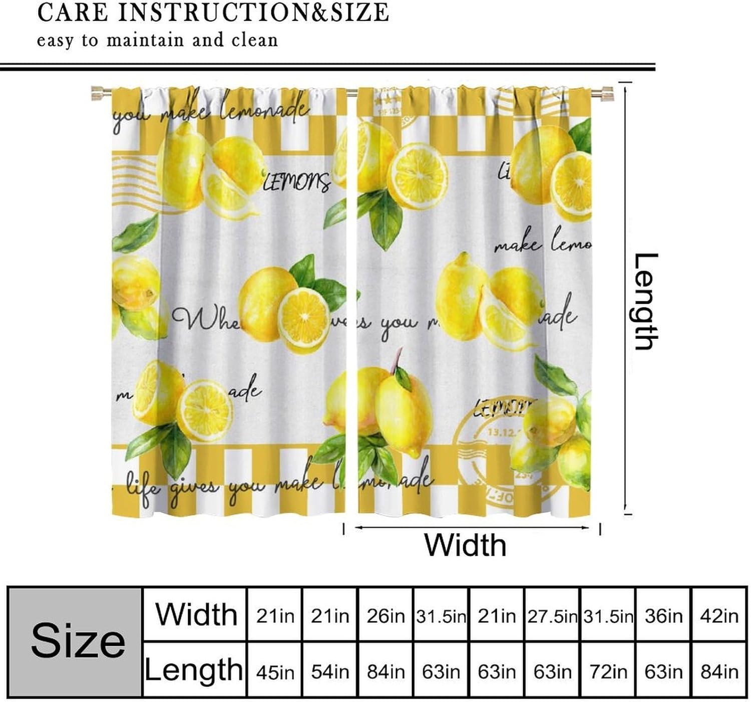 Yellow Lemon Kitchen Blackout Curtains, Countryside Farmhouse Vintage Retro Summer Fruit Yellow Checkered Windows Treatments Rod Pocket Drapes for Dining Room Living Room Bedroom 42x63in