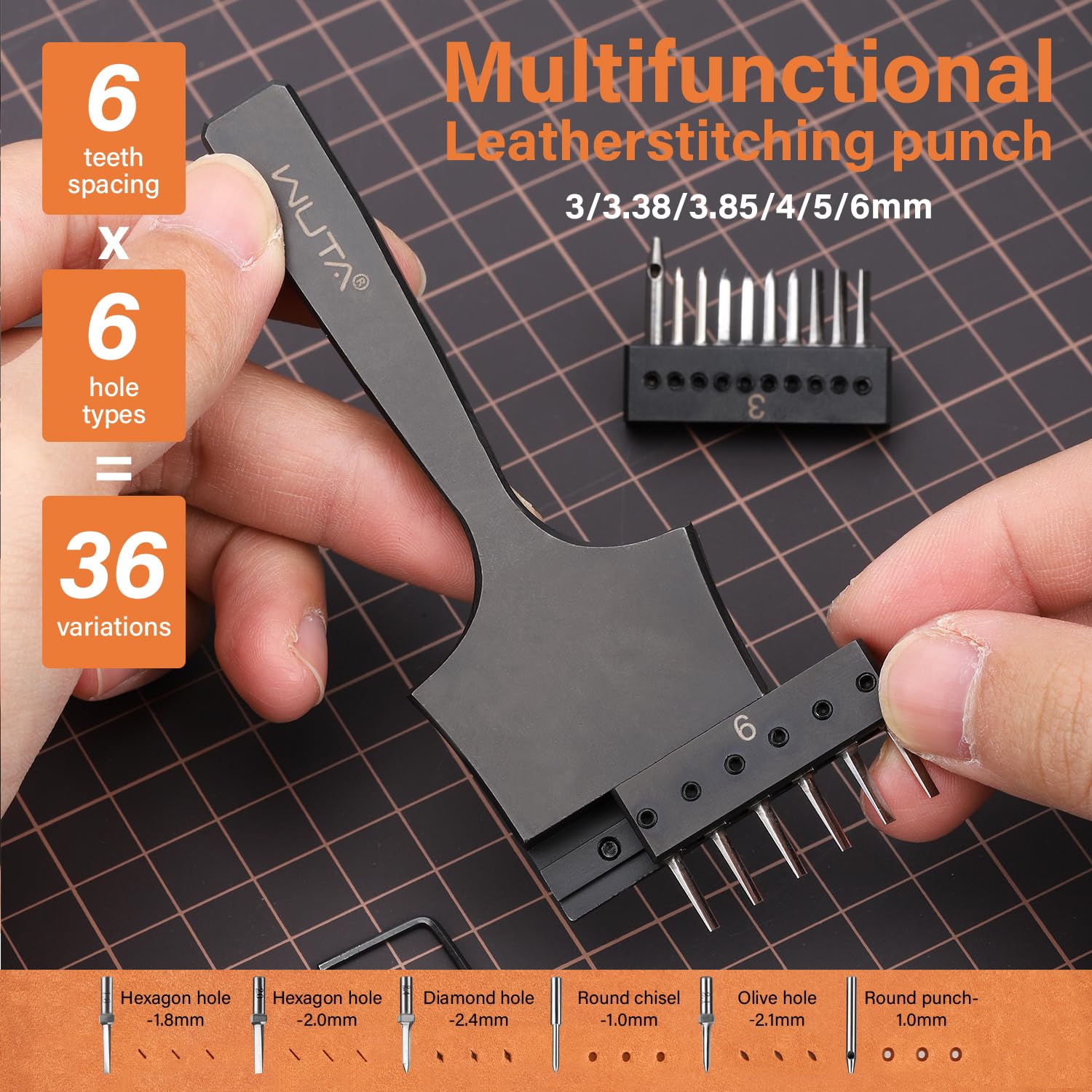 WUTA Perforatrice rimovibile per cuoio, versatile e versatile, set di strumenti per cuoio, punzone per cuoio, punzone per cuoio, punzone per cuoio, punzone per lavori fai da te (set da 3,38 mm + 3,85