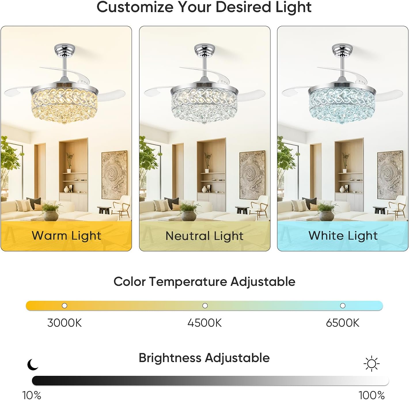 42 inch crystal fandelier ceiling fan with light, retractable chandelier ceiling fan with lights and remote for bedroom living room, dimmable, quiet dc motor chrome 42 inch