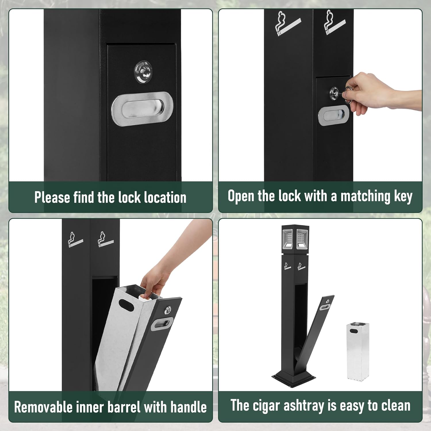 Commercial Butt Receptacle Outdoor Trash Can for Patio, 4 Sides Opening Square Ash Bin, Garbage Waste Container with Removable Inner Bucket for Hotel Driveway