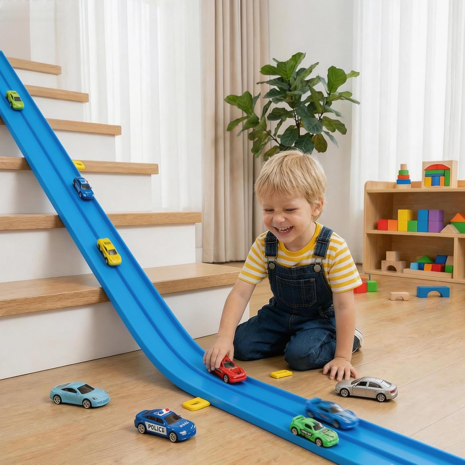 Flexible Race Track for Kids, 15ft 2-Lane Roll Up Race Car Track with Strong Suction Cups & Diecast 1/64 Scale Cars, Portable Racetrack Toy for 3+ AgesBoys Girls Outdoor Toys