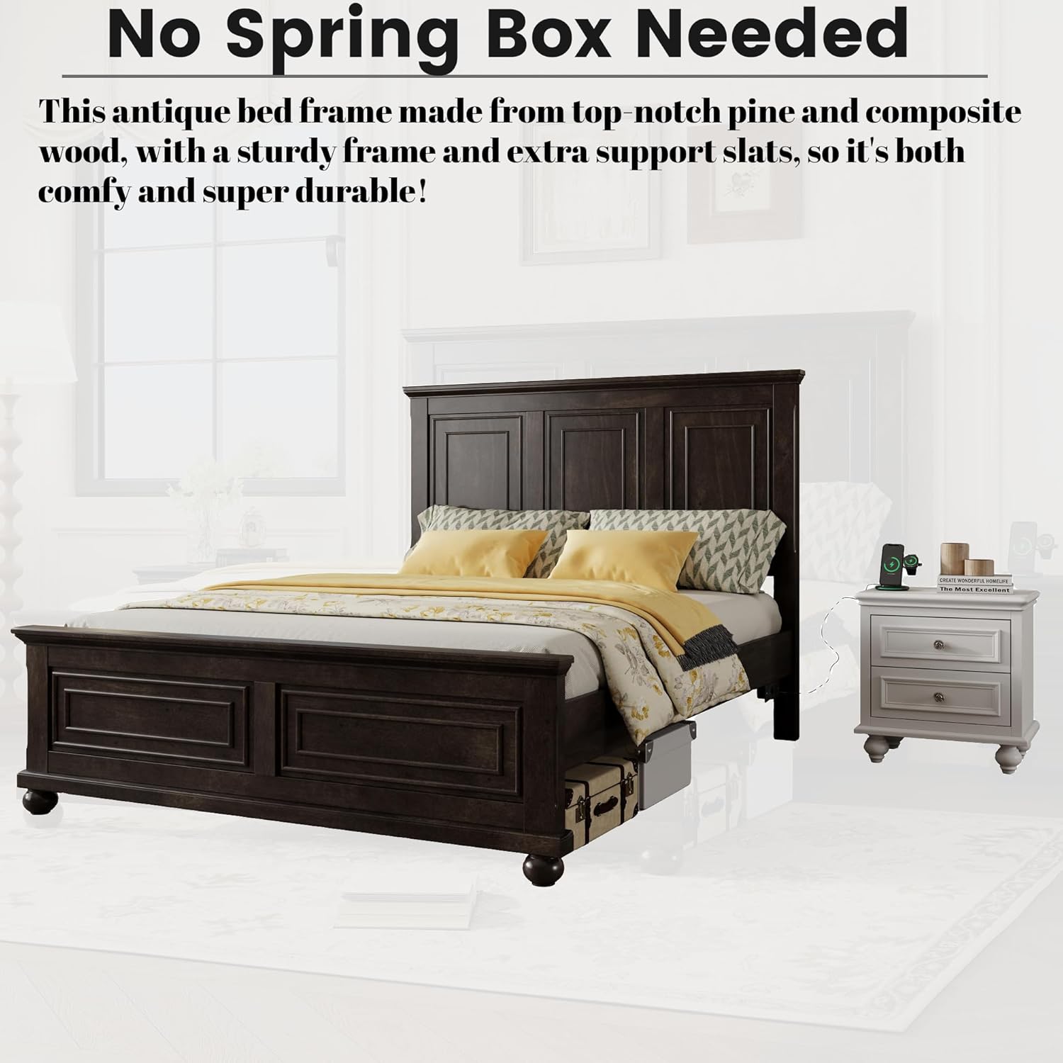 King Farmhouse Bed Frame, King Size Bed Frame Wood with Tall Headboard and Footboard, Pinewood Platform Beds with Built-in Charging Station, Noise-Free, No Box Spring Needed, Rich Brown