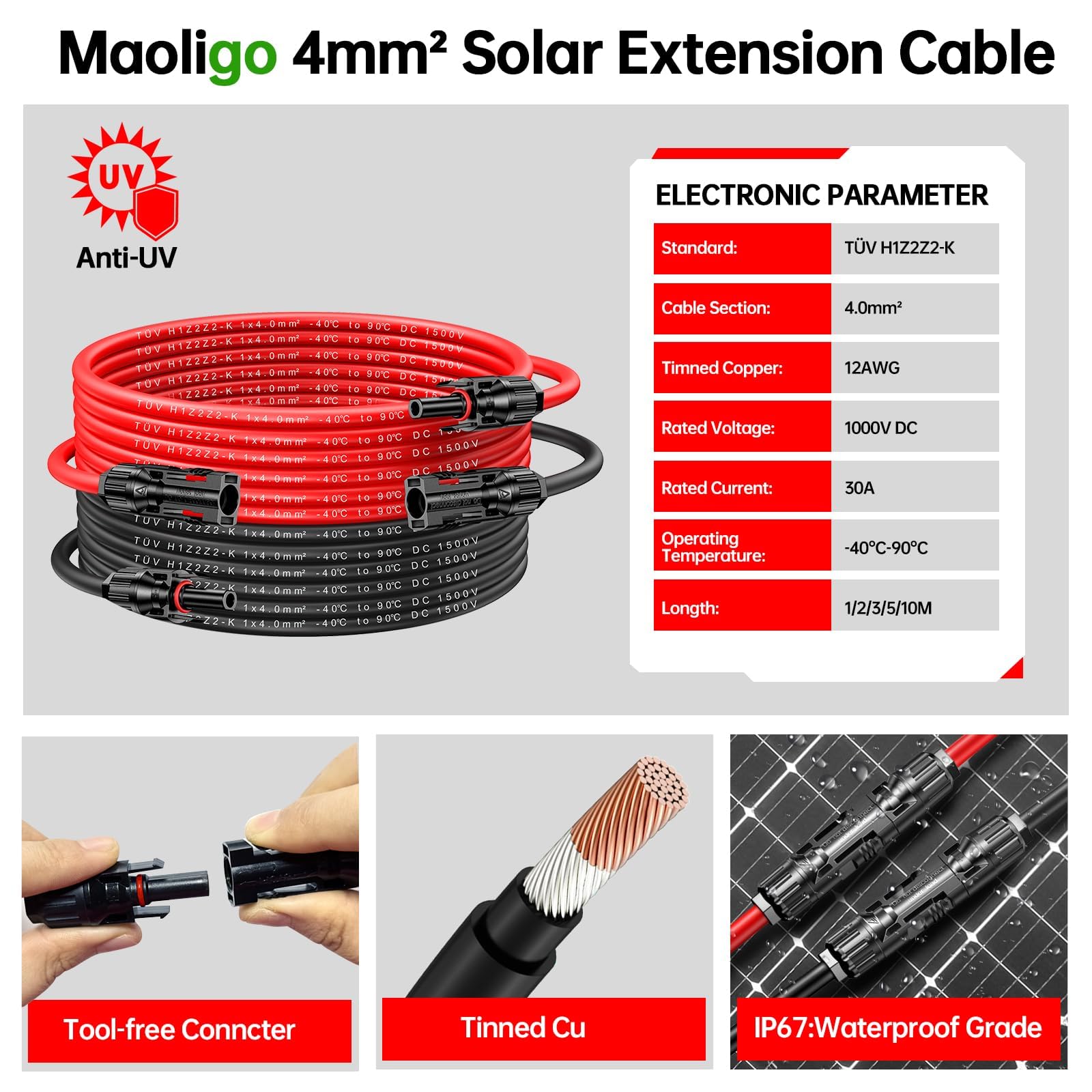 Kabel do paneli słonecznych 4 mm² 1/2/3/5/10 m, para, H1Z2Z2-K przedłużacz do panelu słonecznego z wtyczką solarną, 1000 V, 30 A, odłączanie bez narzędzi (4mm² 5M)