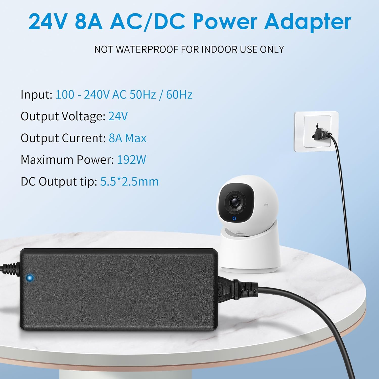 24V 8A Power Supply Adapter,100-240V AC to DC 24V 8A 192W Max Power Converter Adapter, 24 Volt 8 Amps 7.5A 7A 6A Low Voltage Transformer with 5.5x2.5mm DC Plug for led Strip Router CCTV Camera