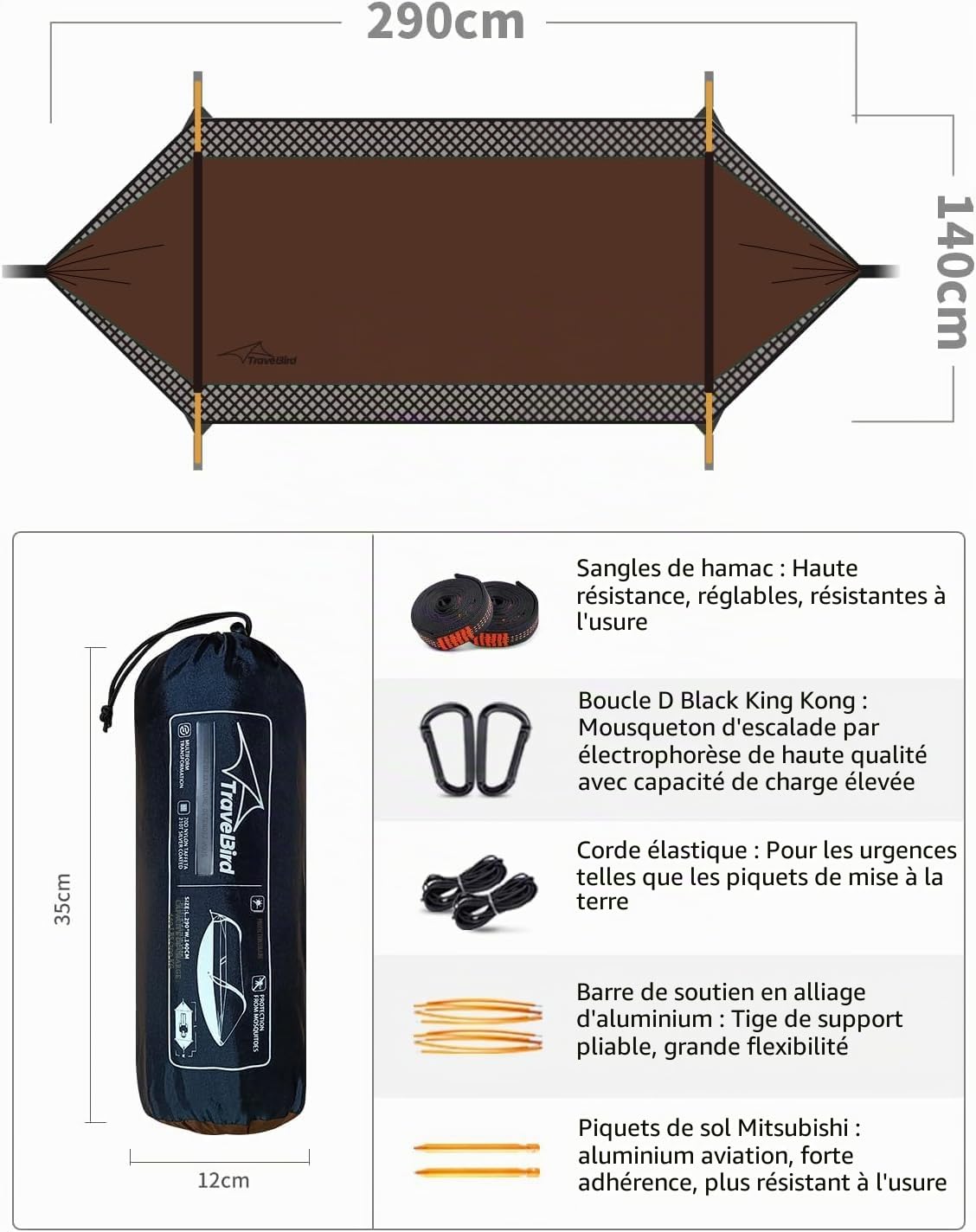 Hamac de Camping avec Moustiquaire et Pare-Soleil, 290 x 140 cm, Hamacs Suspendus Légers Multi-Modes avec Sangles d'arbre, Tente de Sol pour L'extérieur, La Randonnée et Le Camping