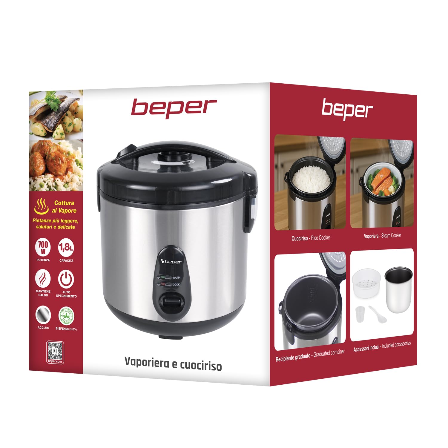 BEPER P101VAP020 Vaporé Max Cuociriso 1800g, Antiaderente, Funzione Mantieni Caldo, Cottura a Vapore, Acciaio Inox, Accessori Inclusi, BPA Free