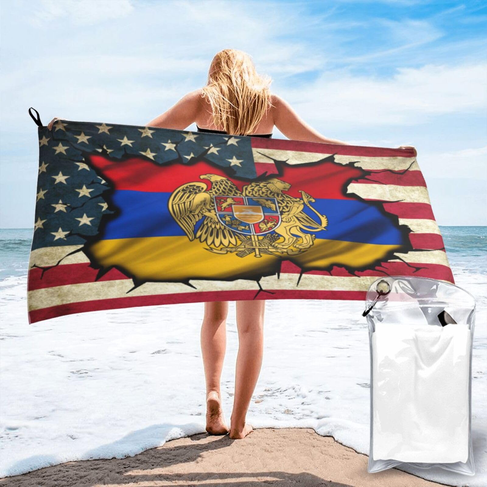HACXZ Vintage America Flag and Armenian America Flag Absorbent Beach Towel Microfiber Beach Towel Lightweight 31.5"X63"