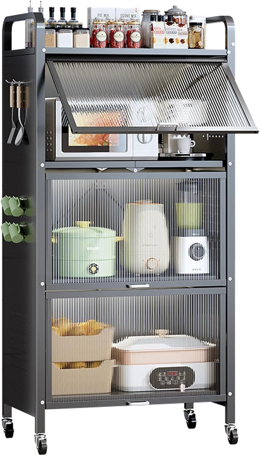 Microwave Stand with Dust-Proof Cabinet Doors, Foldable Metal Storage Rack, Free-Standing Baker's Rack for Kitchen & Garage, Mobile Microwave Oven Cart on Casters