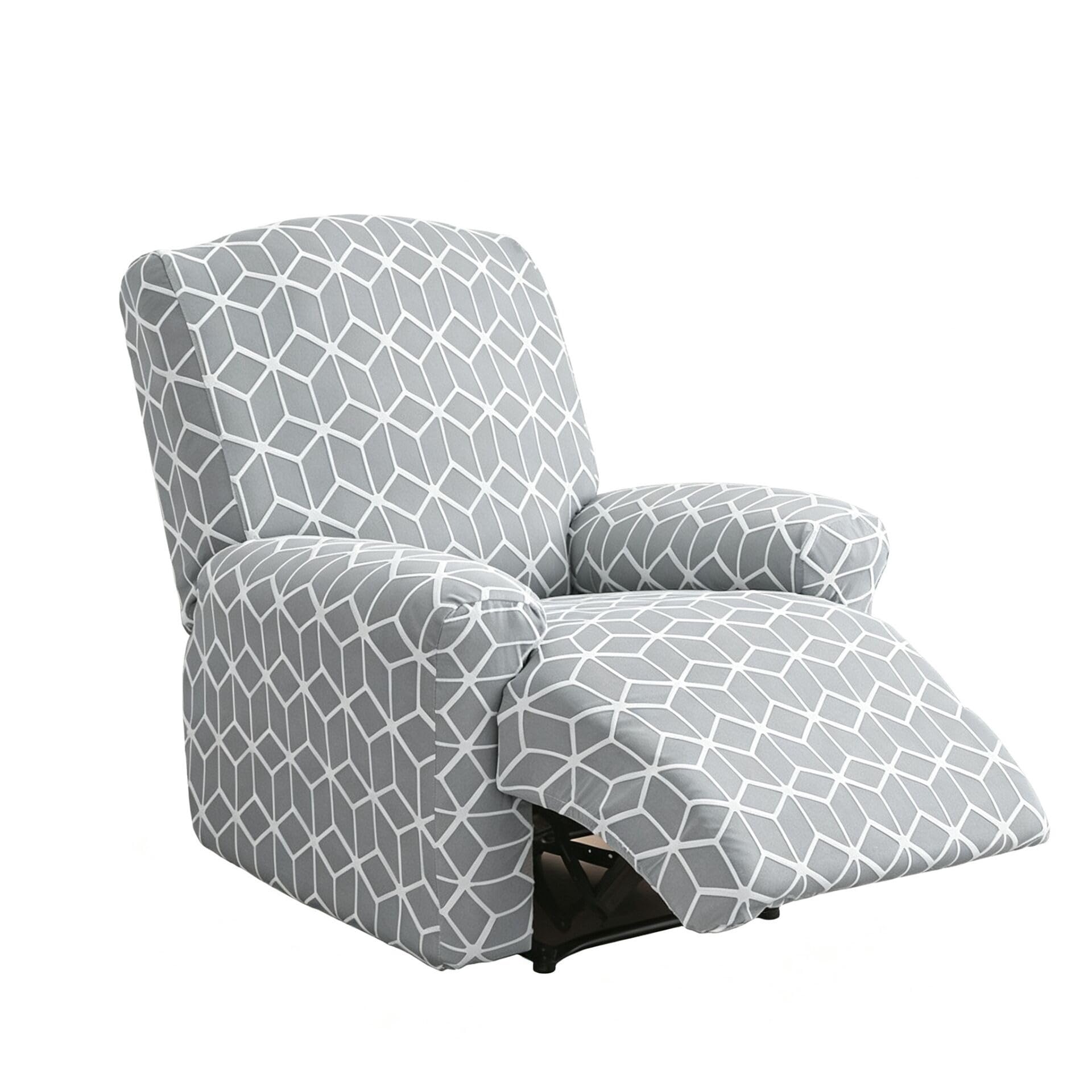 BEIWOSHA Recliner Slipcovers 4-Pieces Stretch Jacquard Recliner Cover with Printed Pattern Thickened Soft Reclining Chair Slipcover Furniture Protector for Kids Pets(Grey,1 Seater)