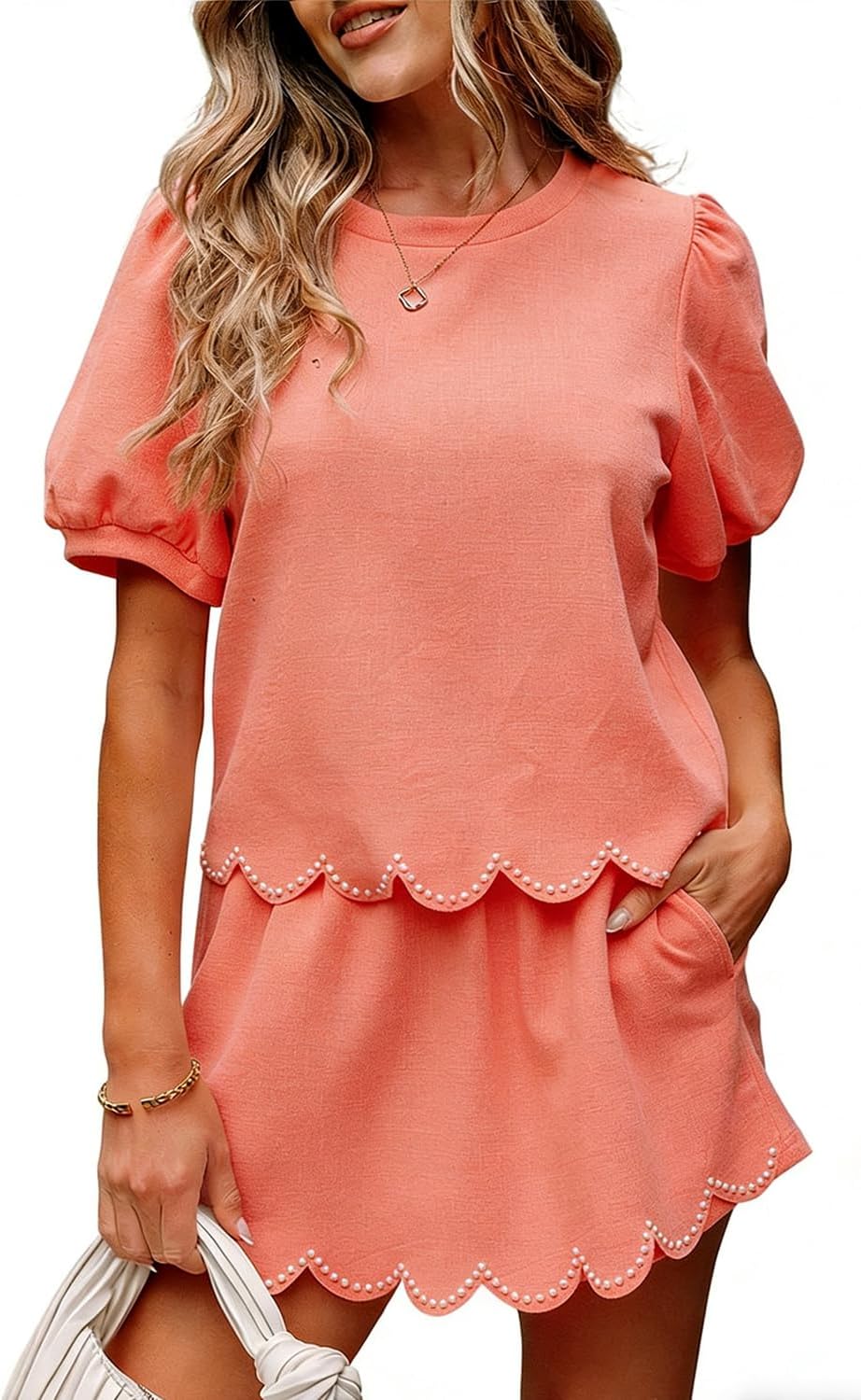MARZXIN Womens 2 Piece Skort Set Puff Sleeve Pearl Embellished Scallop Trim Shorts Set Comfy Lounge Set Casual Summer Outfit