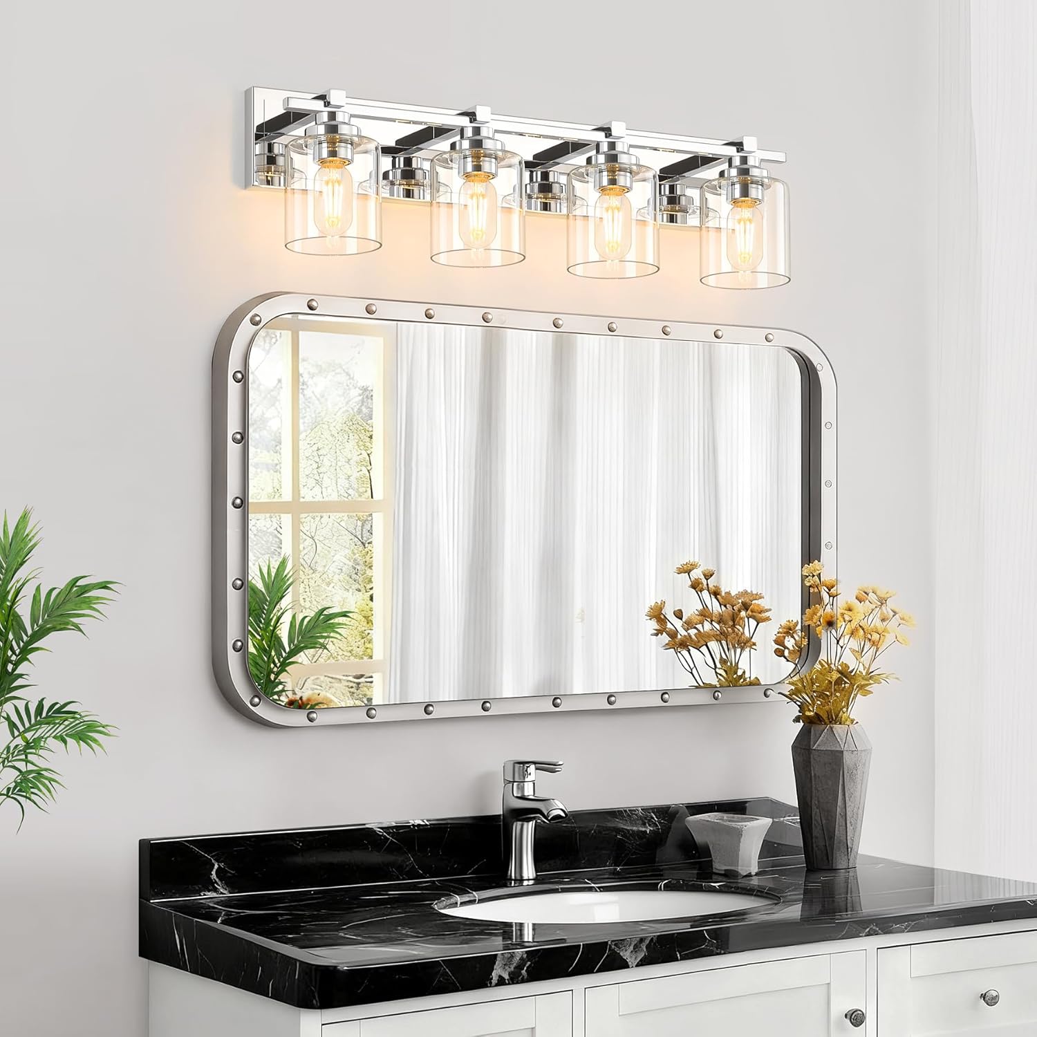 Modern Bathroom Light Fixtures Over Mirror, Vanity Lights for Bathroom Wall Sconces with Clear Glass Shades, E26 Socket (Bulbs Not Included), 4 Light, Chrome