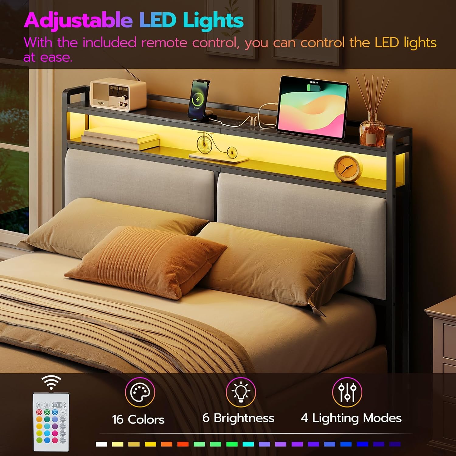 HOOBRO Queen Size Upholstered Headboard, Storage Headboard with Charging Station and Adjustable LED Lights, 2 Standard Outlets and 2 USB Ports, Queen Headboard Only, Easy Assembly, Black and Gray