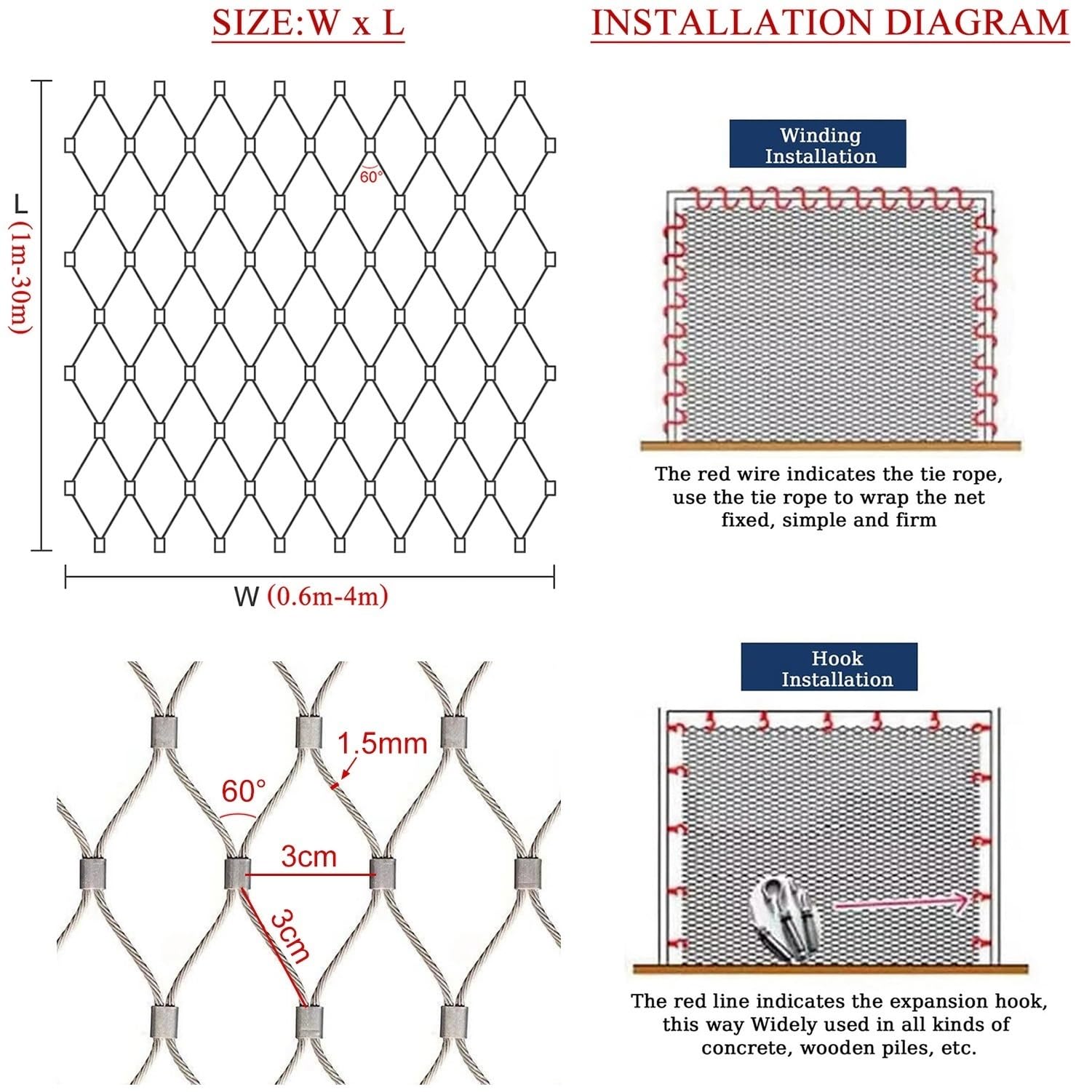 Barrera de Seguridad Flexible con Cable de Acero Inoxidable para Vallas de jardín, protección contra caídas Desde Gran Altura, Sistema de barandilla Exterior Duradero, Malla de Alta resisten