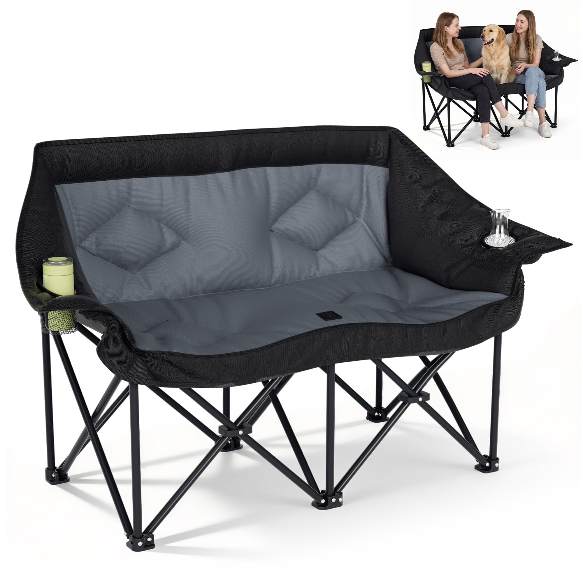 Oversized Double Camping Chairs 2 Person Folding Loveseat(Grey)