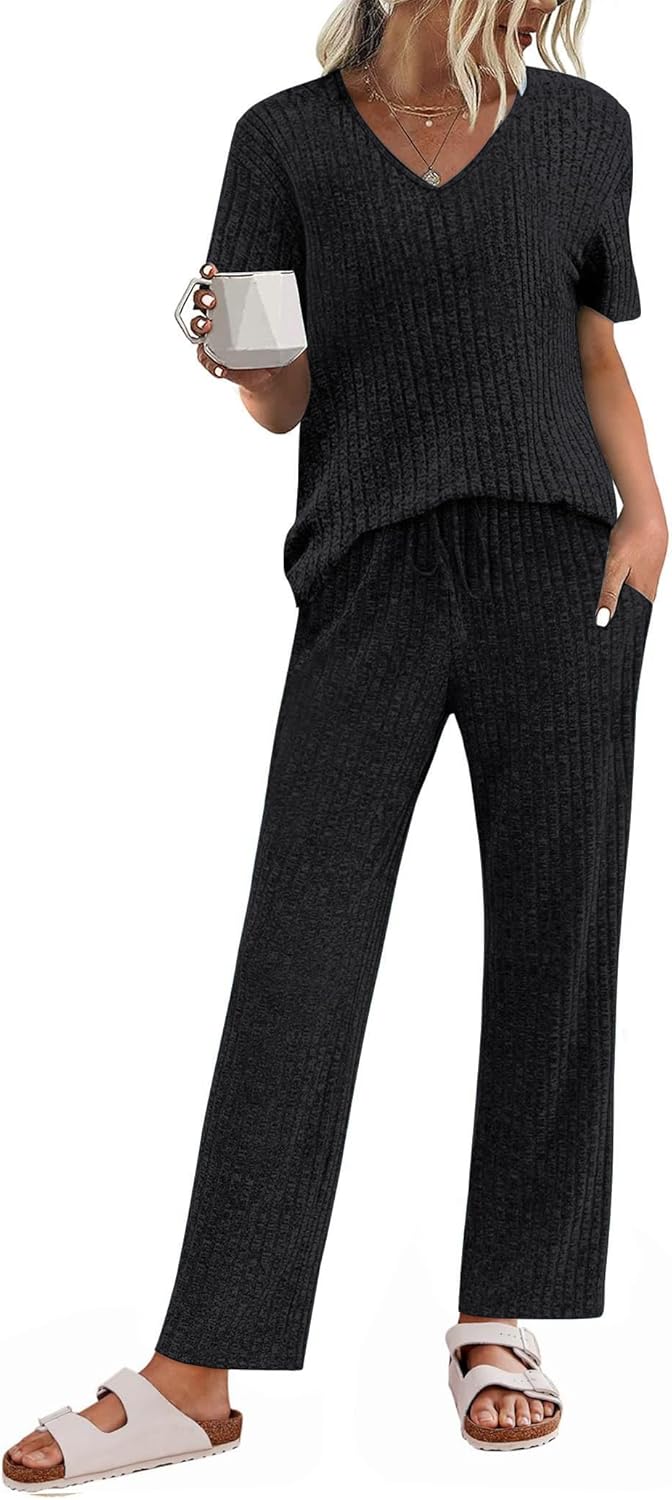 JiniGolla Women's Ribbed Knit Pajama Set 2 Piece Matching Pj Set Short Sleeve Top and Pants Lounge Set with Pockets