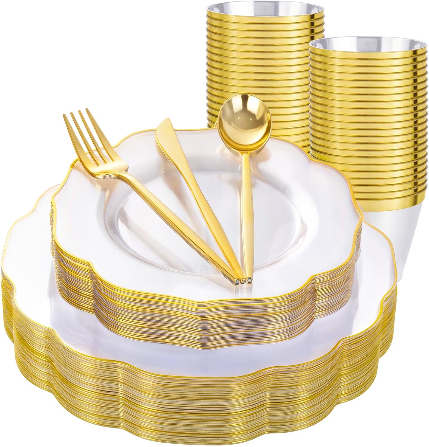 bUCLA 180PCS Clear Plastic Plates with Gold Trim - Clear Gold Plastic Dinnerware Include 30 Dinner & Dessert Plates, 30 Knives, 30 Forks, 30 Spoons and 30 Cups for Party