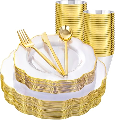 Miniatura 10 de BUCLA - 30 platos de plástico para invitados, color blanco y plateado con cubiertos de plástico y vasos de plástico desechables, vajilla de plástico