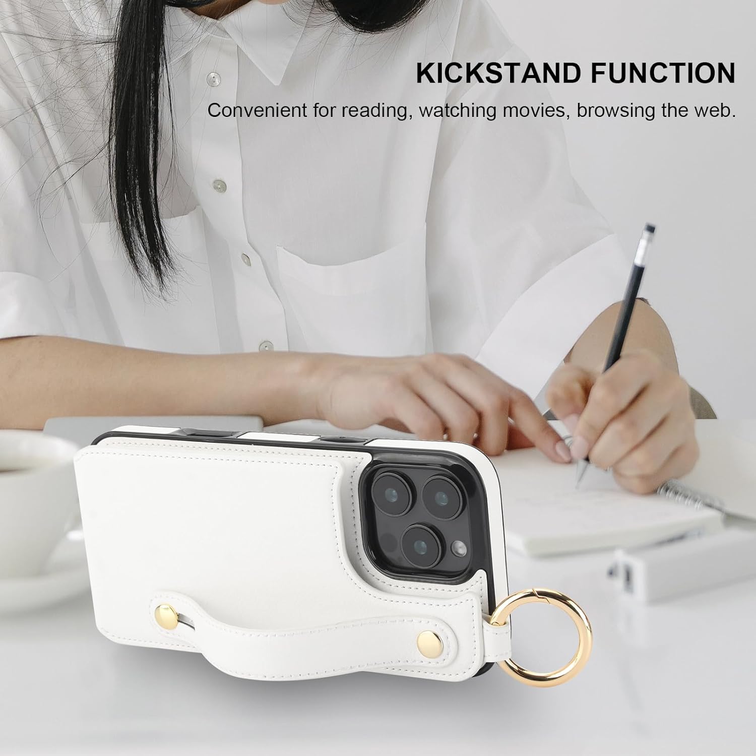 Folosu for iPhone 16 Pro Max Wallet Case with Card Holder, Hand Wrist Strap Loop Holder Kickstand, RFID Blocking Finger Grip Ring PU Leather Double Buttons Shockproof Cover 6.9" White - Image 6